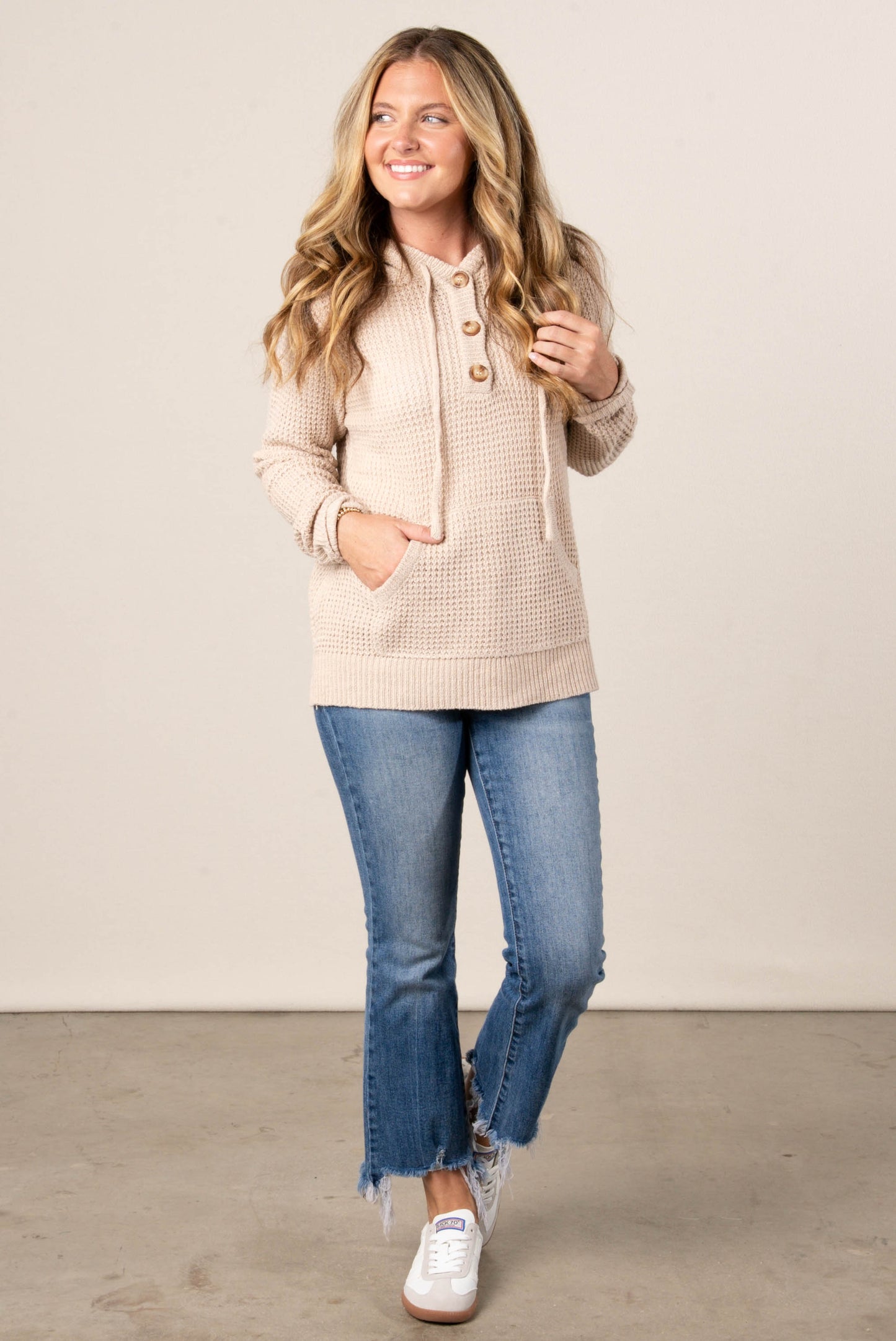 Ava Waffle Knit Hooded Henely Sweater