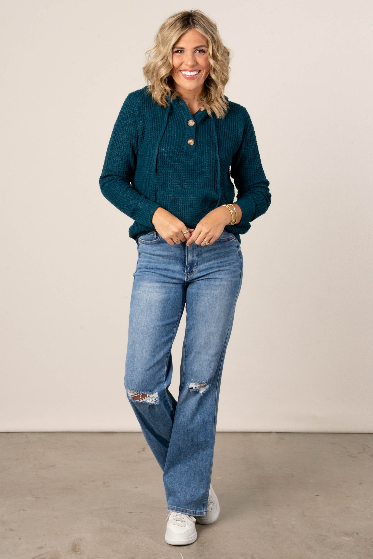 Ava Waffle Knit Hooded Henely Sweater