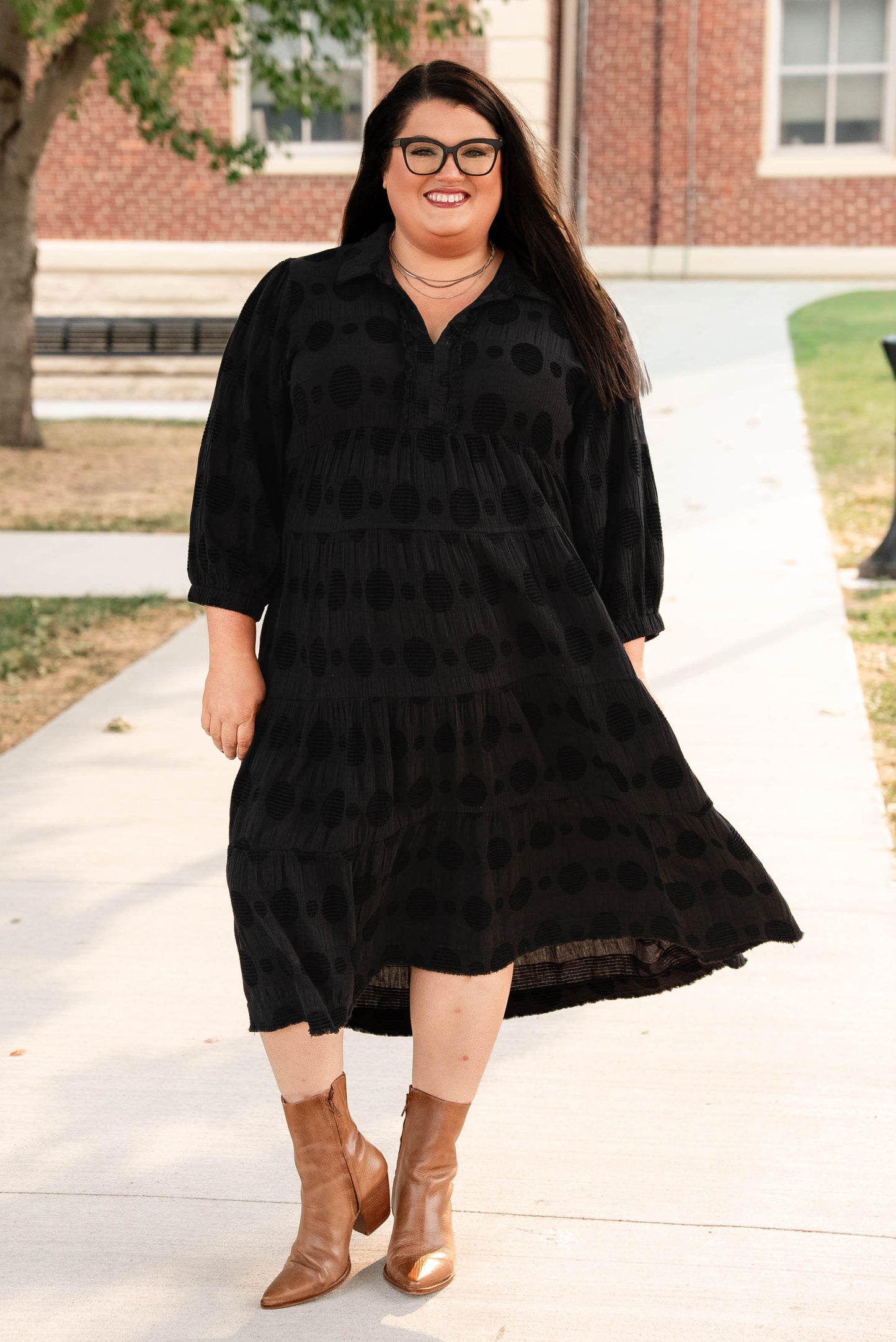 Rachel Textured Dot Tiered Midi Dress
