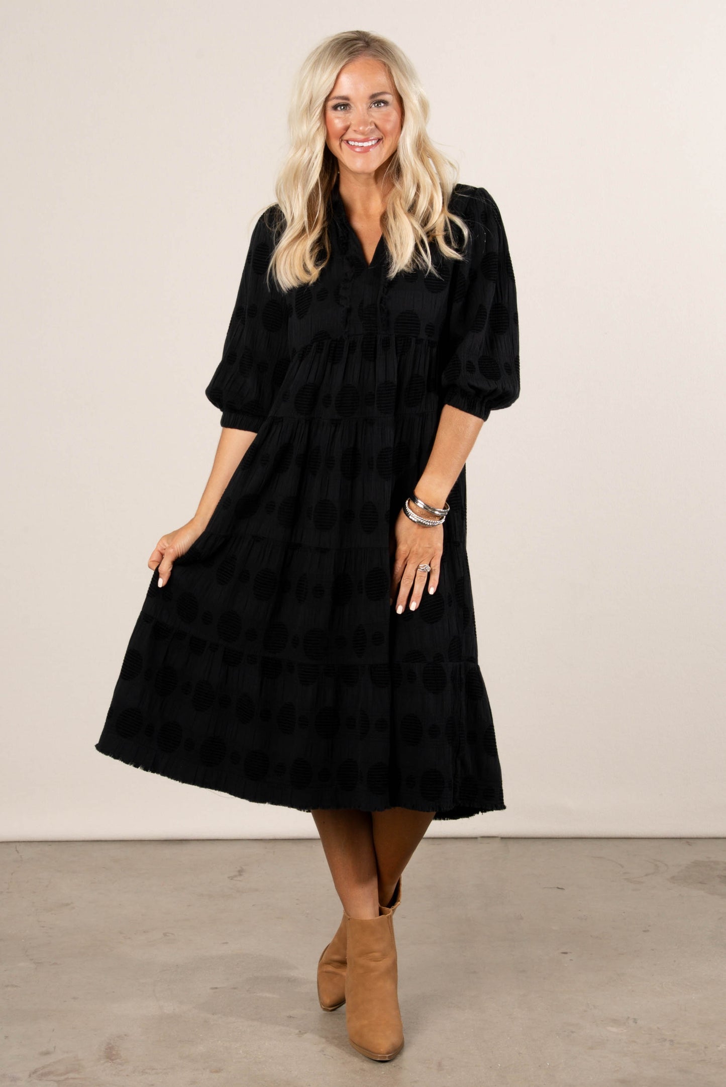 Rachel Textured Dot Tiered Midi Dress