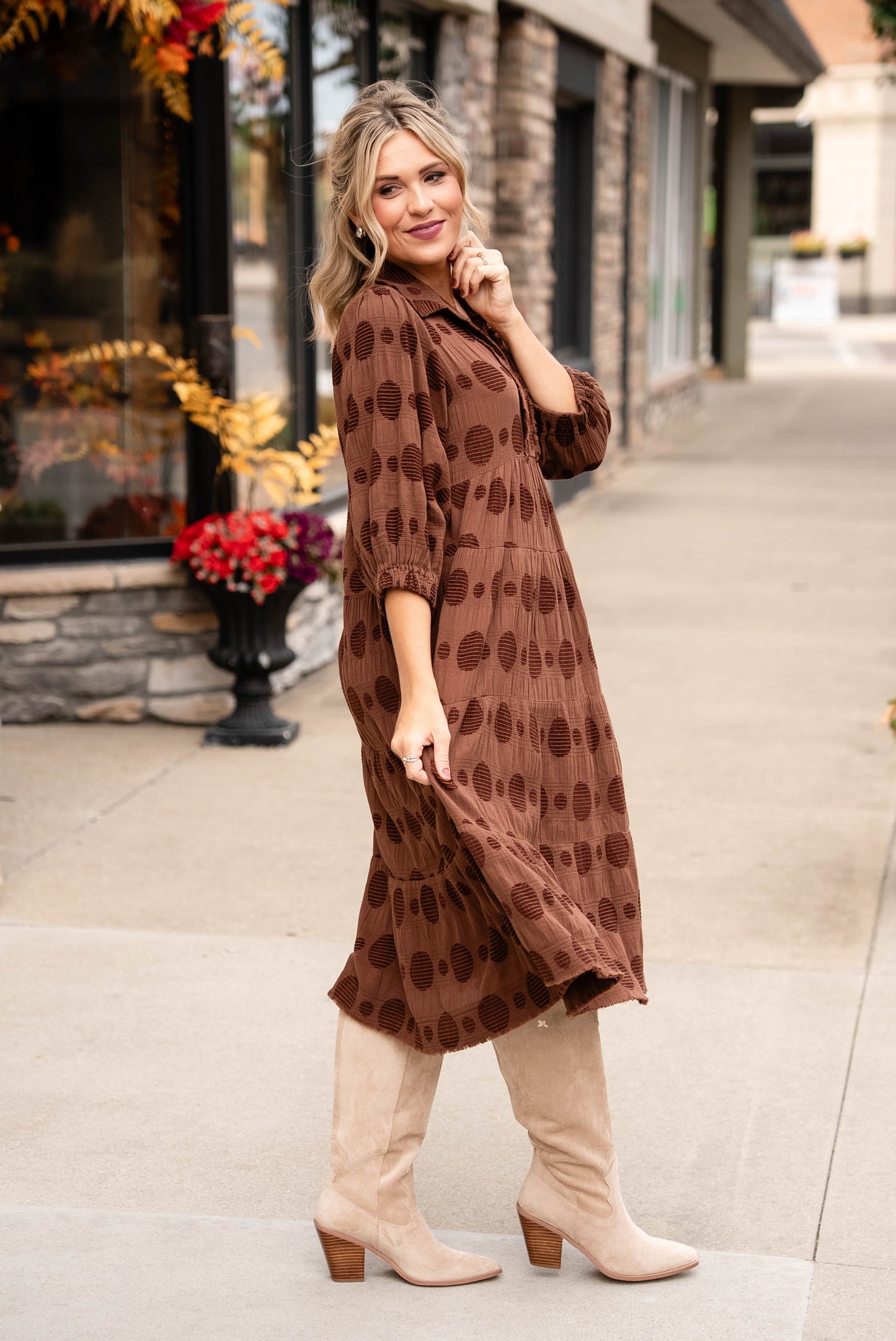 Rachel Textured Dot Tiered Midi Dress