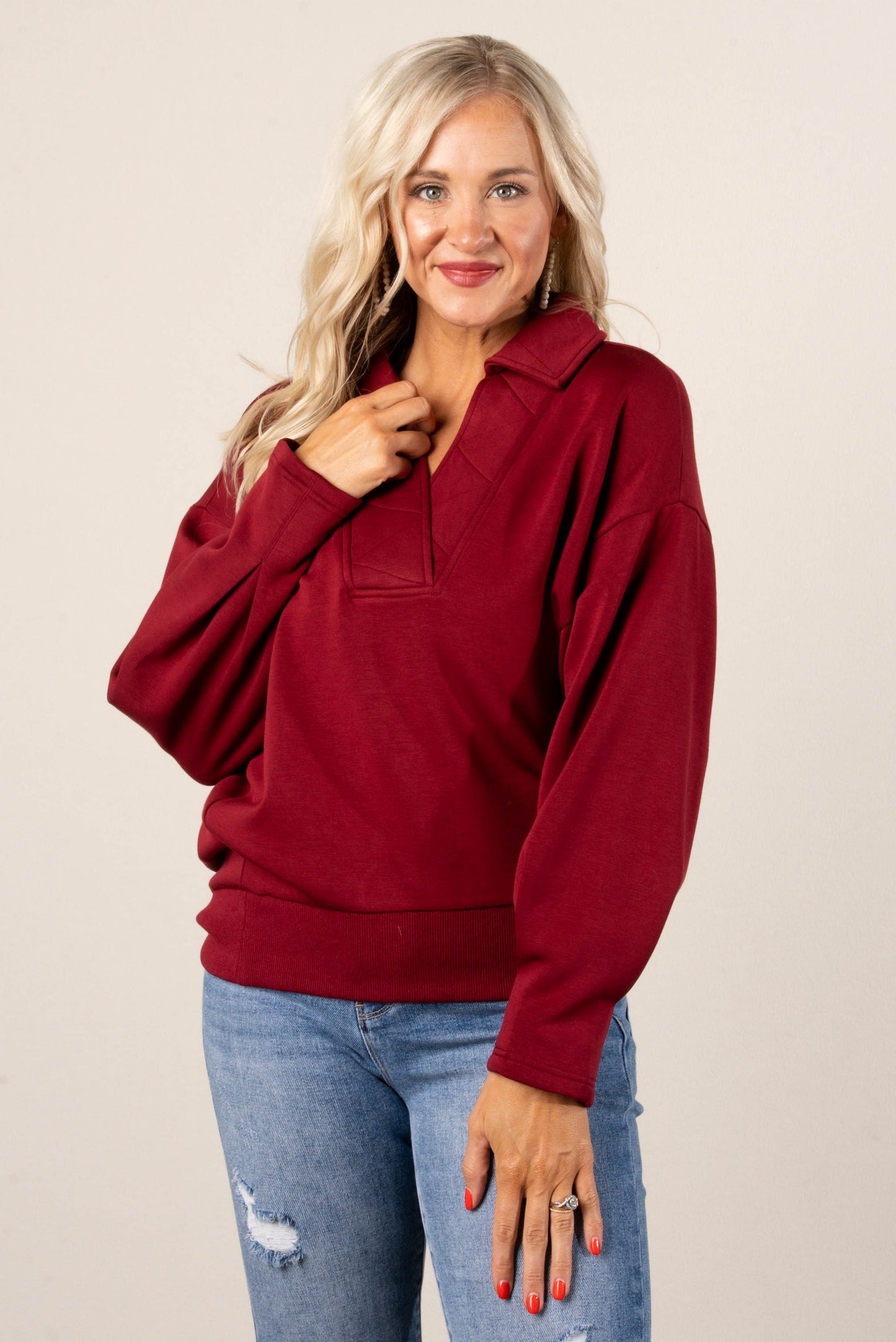 Kristina Collared Pleat Cuff Pullover