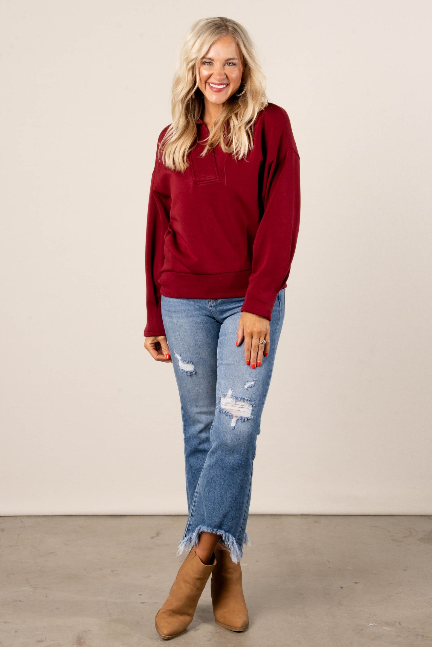 Kristina Collared Pleat Cuff Pullover