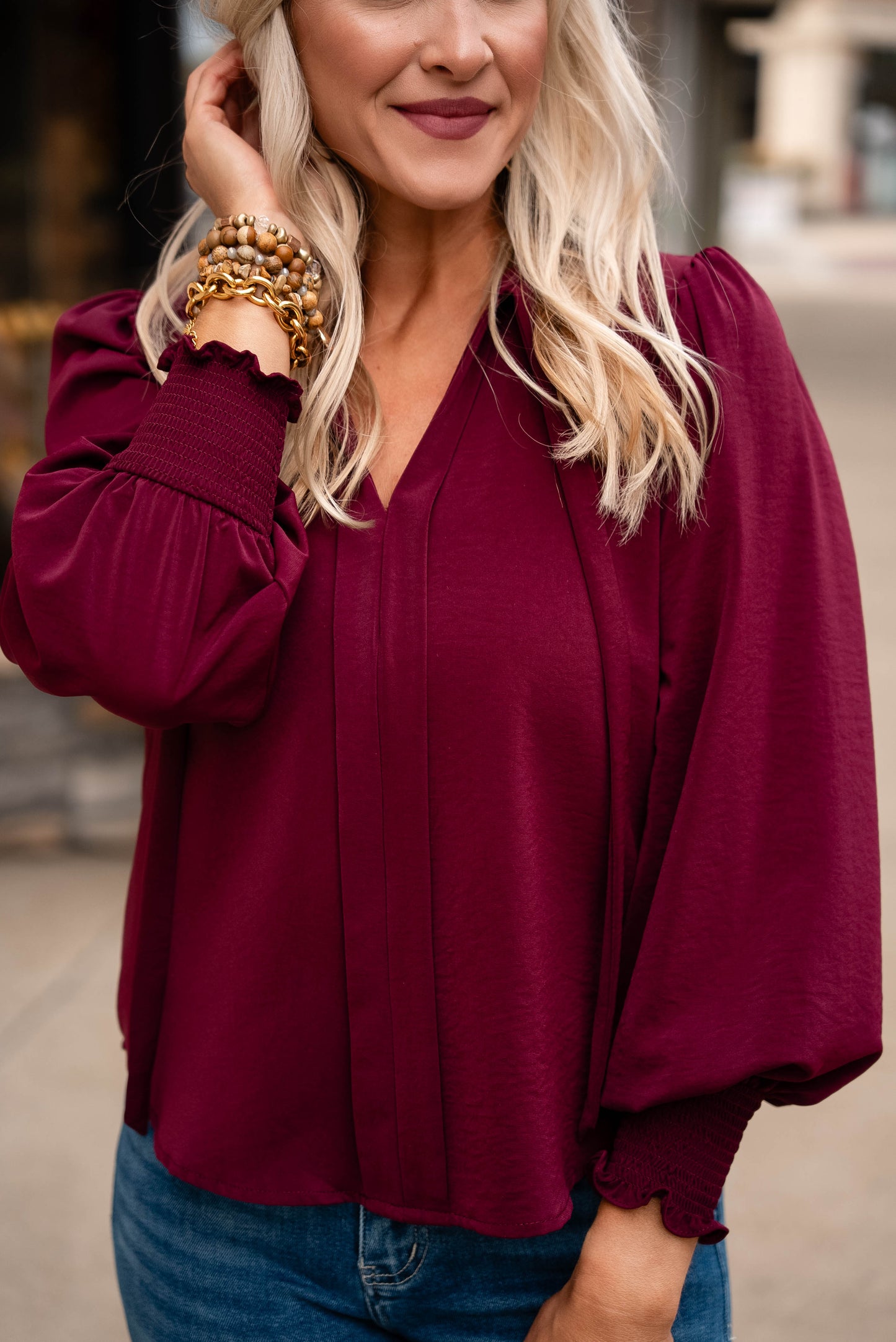 Sherry Crepe Knit Tie Neck Blouse