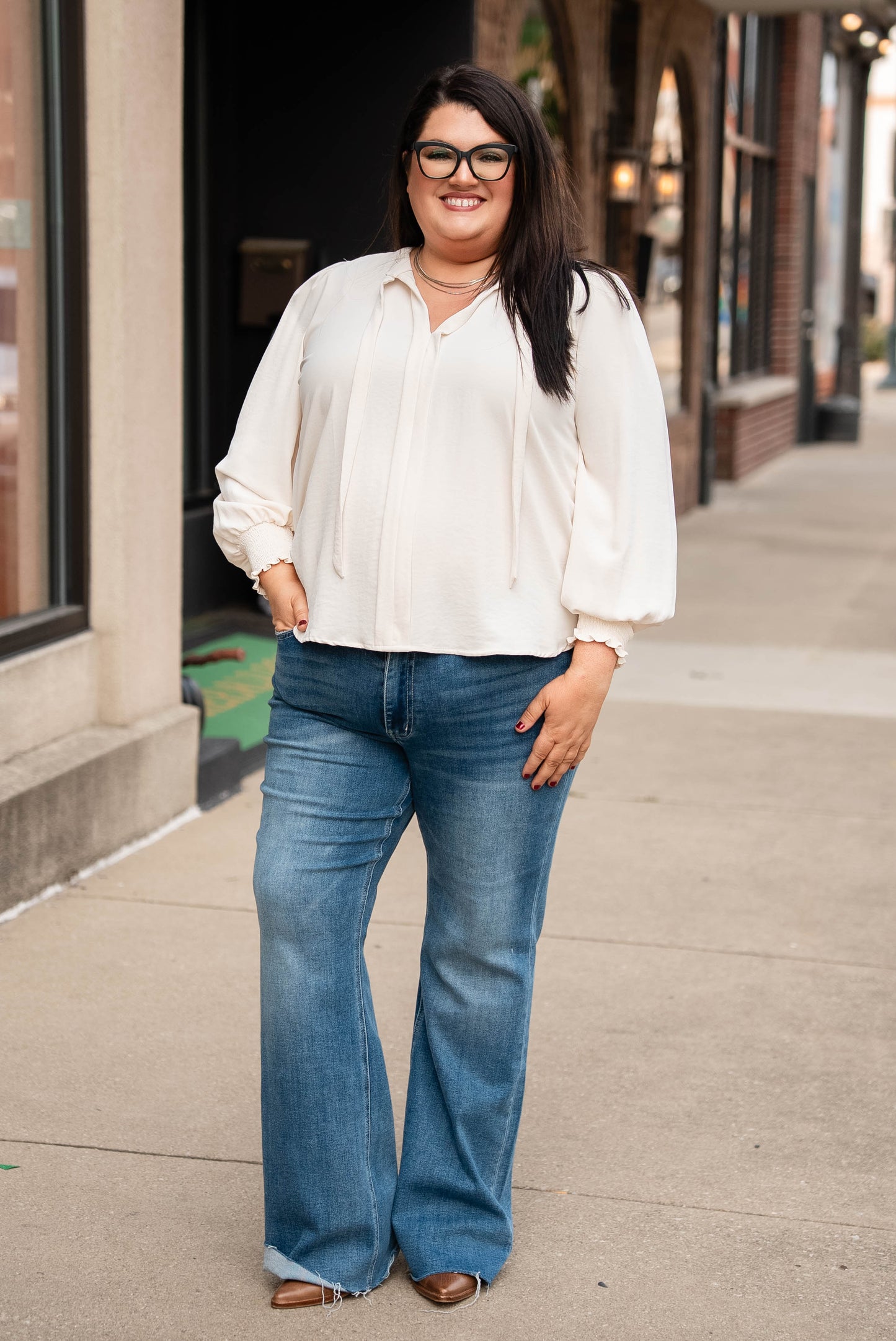 Sherry Crepe Knit Tie Neck Blouse