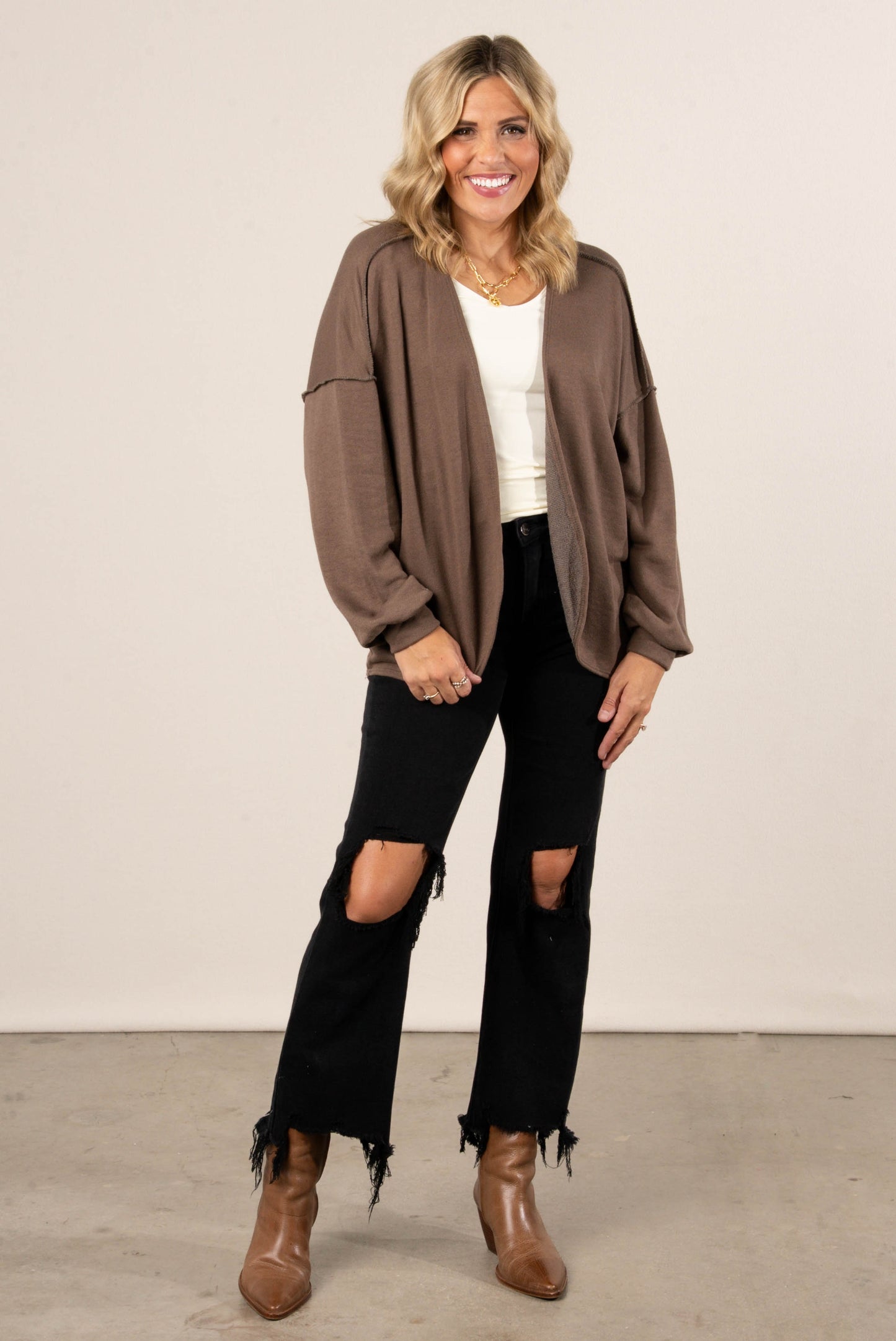 Norah Exposed Seam Open Front Cardigan