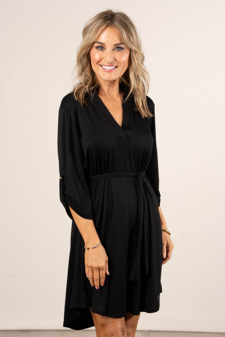 Ebony Tab Sleeve Belted Dress