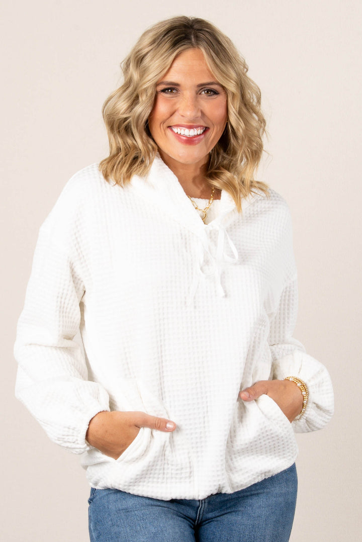 Janice Waffle Knit Cowl Neck Pullover