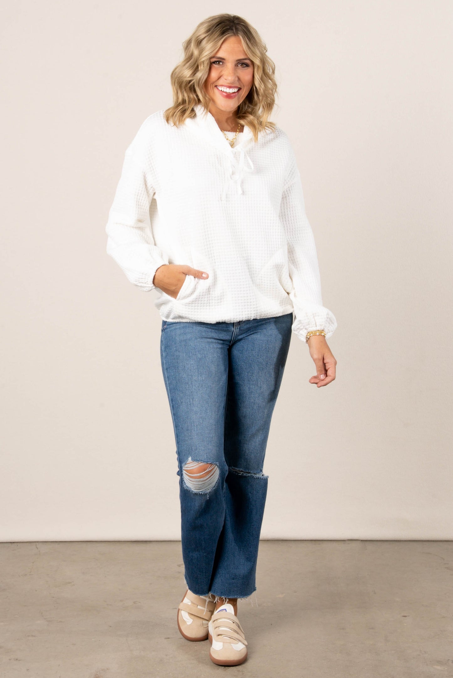 Janice Waffle Knit Cowl Neck Pullover