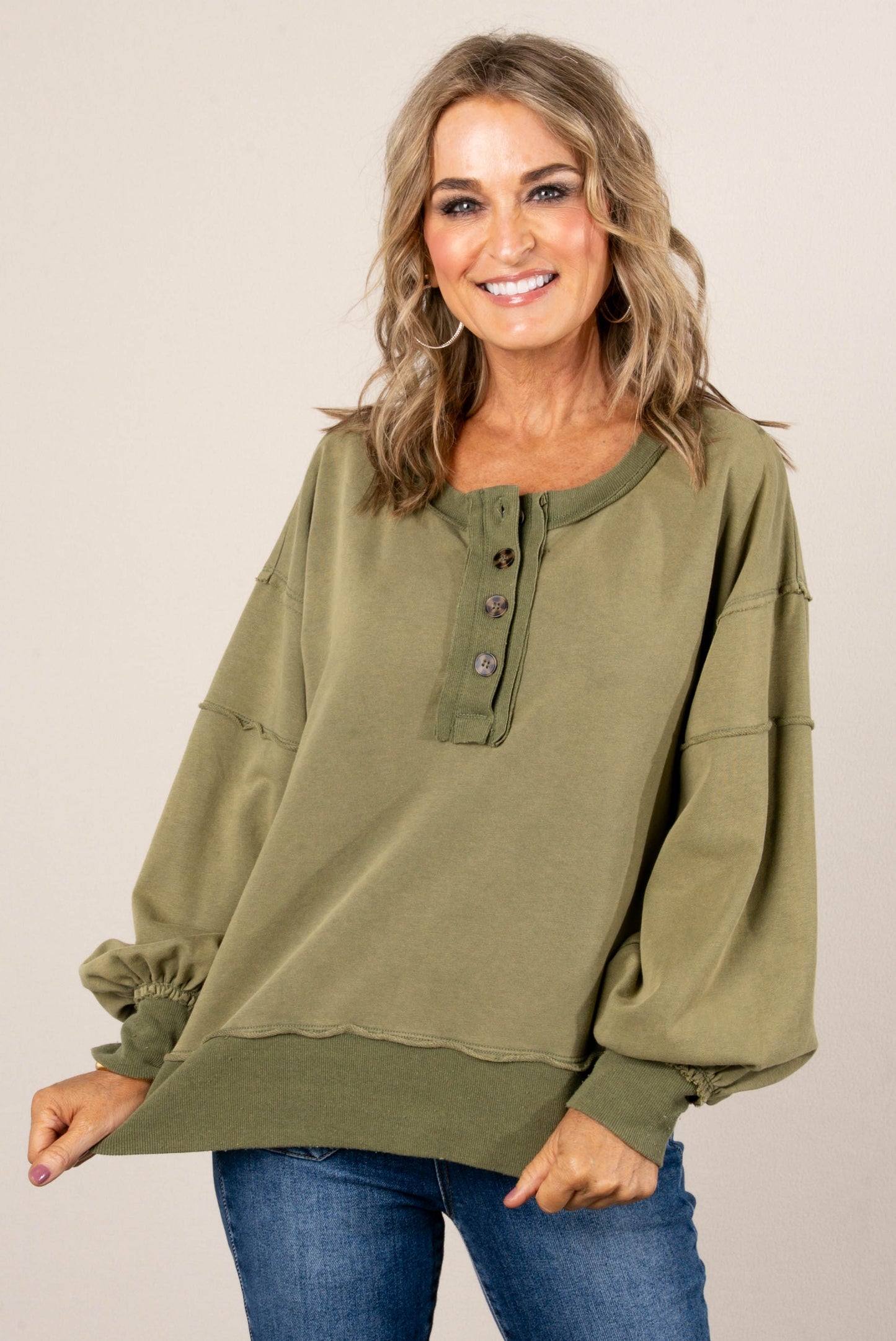 Dori Washed Raw Seamed Henley Pullover