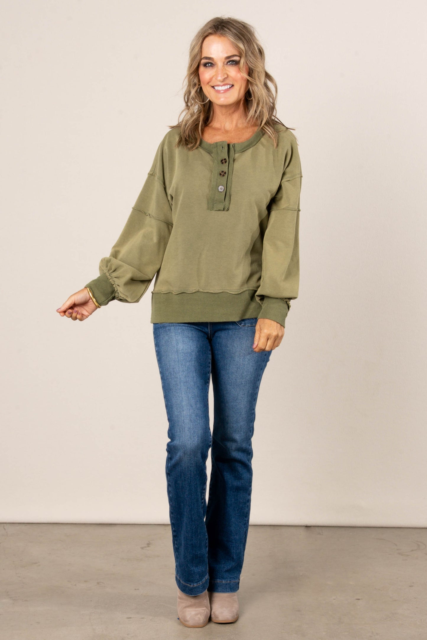 Dori Washed Raw Seamed Henley Pullover