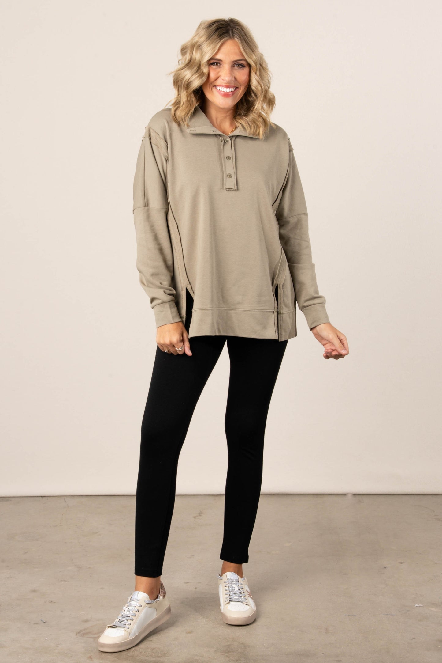 Janet Raw Seamed Button Neck Pullover