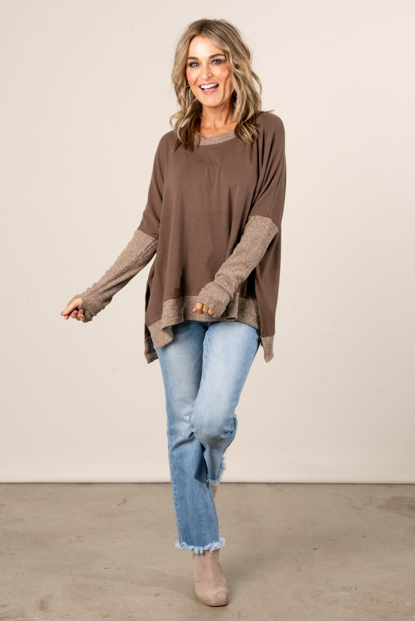Shari Mixed Knit Split Hem Top