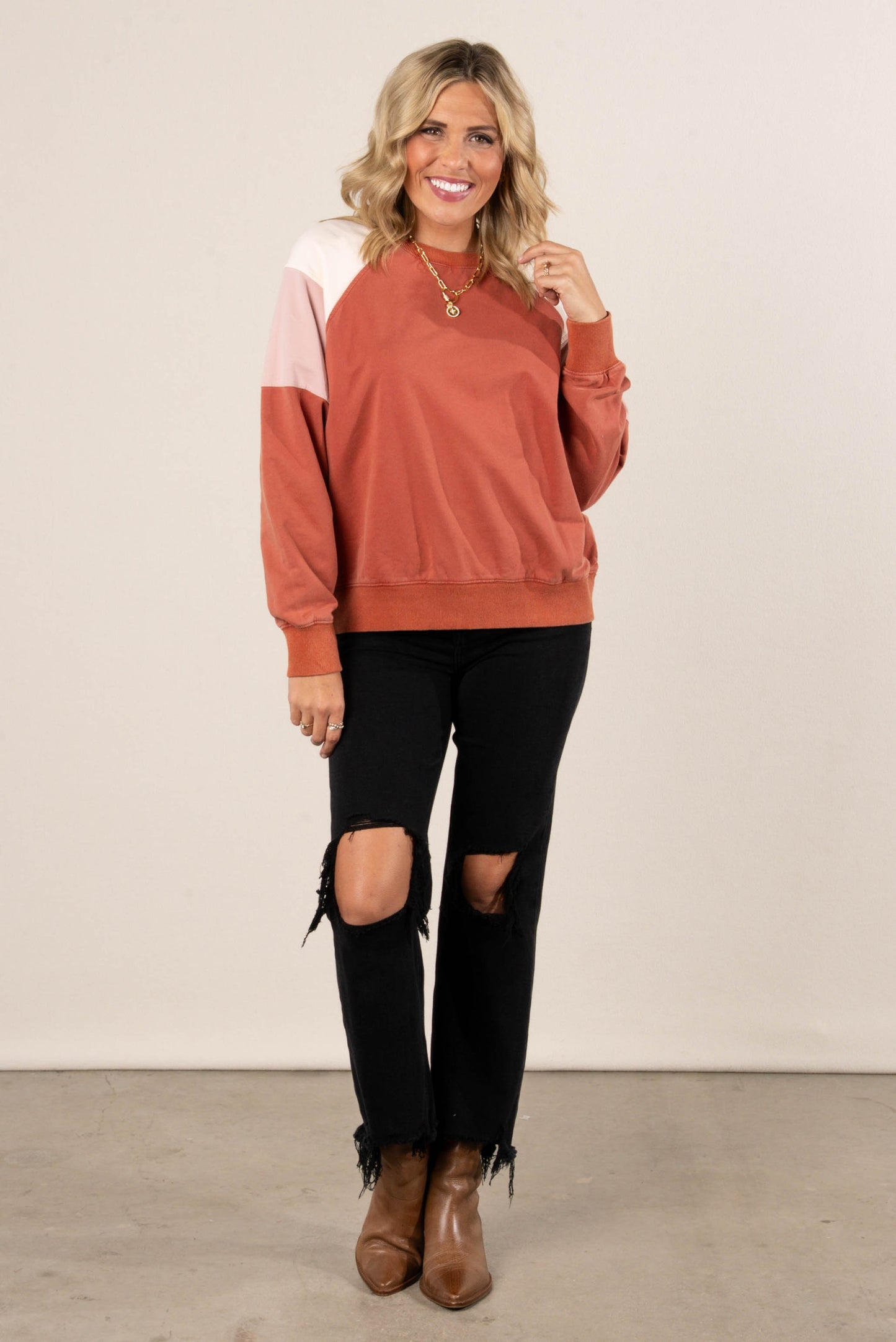 Jelene Washed Color Block Pullover