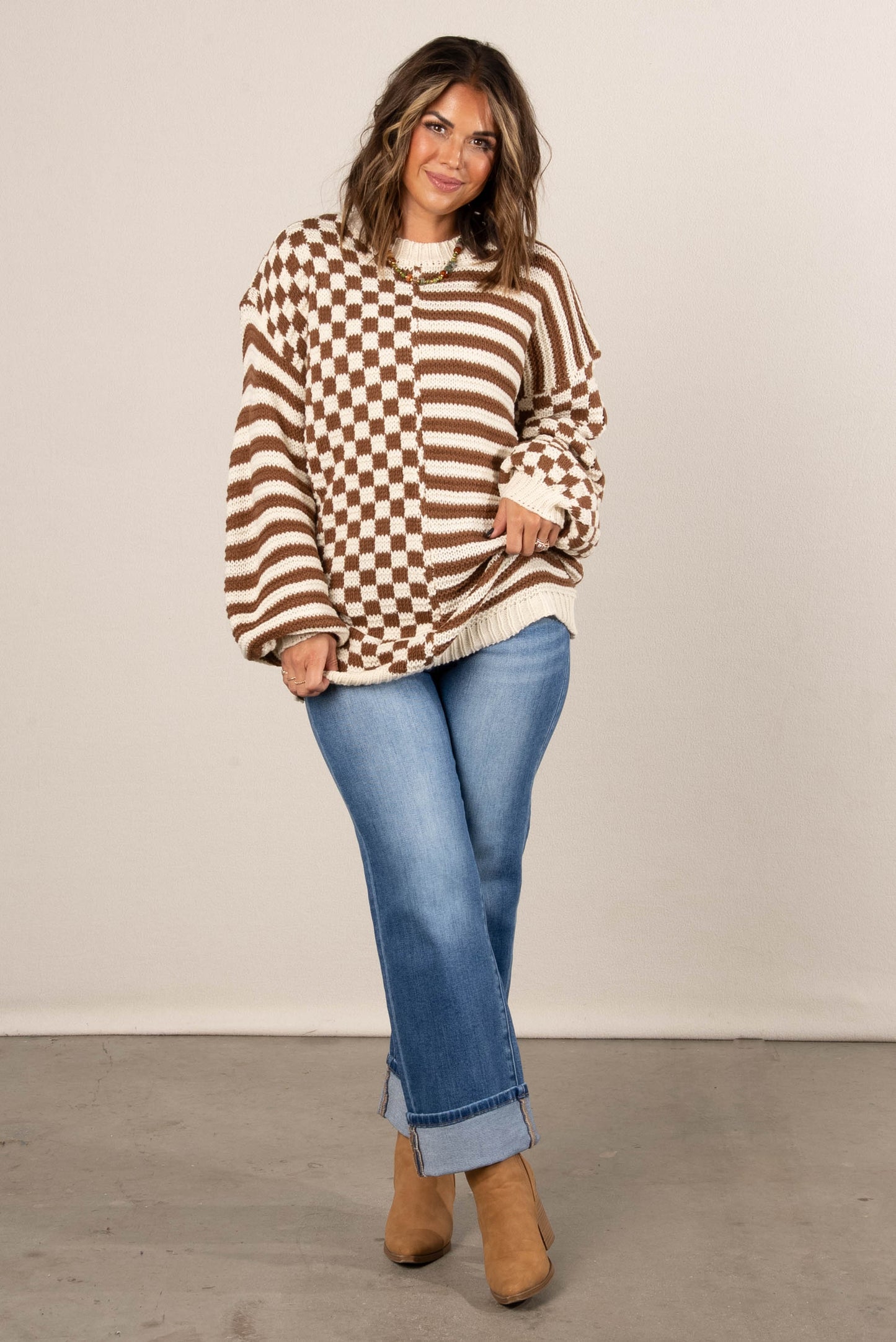 Tawny Mixed Pattern Drop Shoulder Sweater