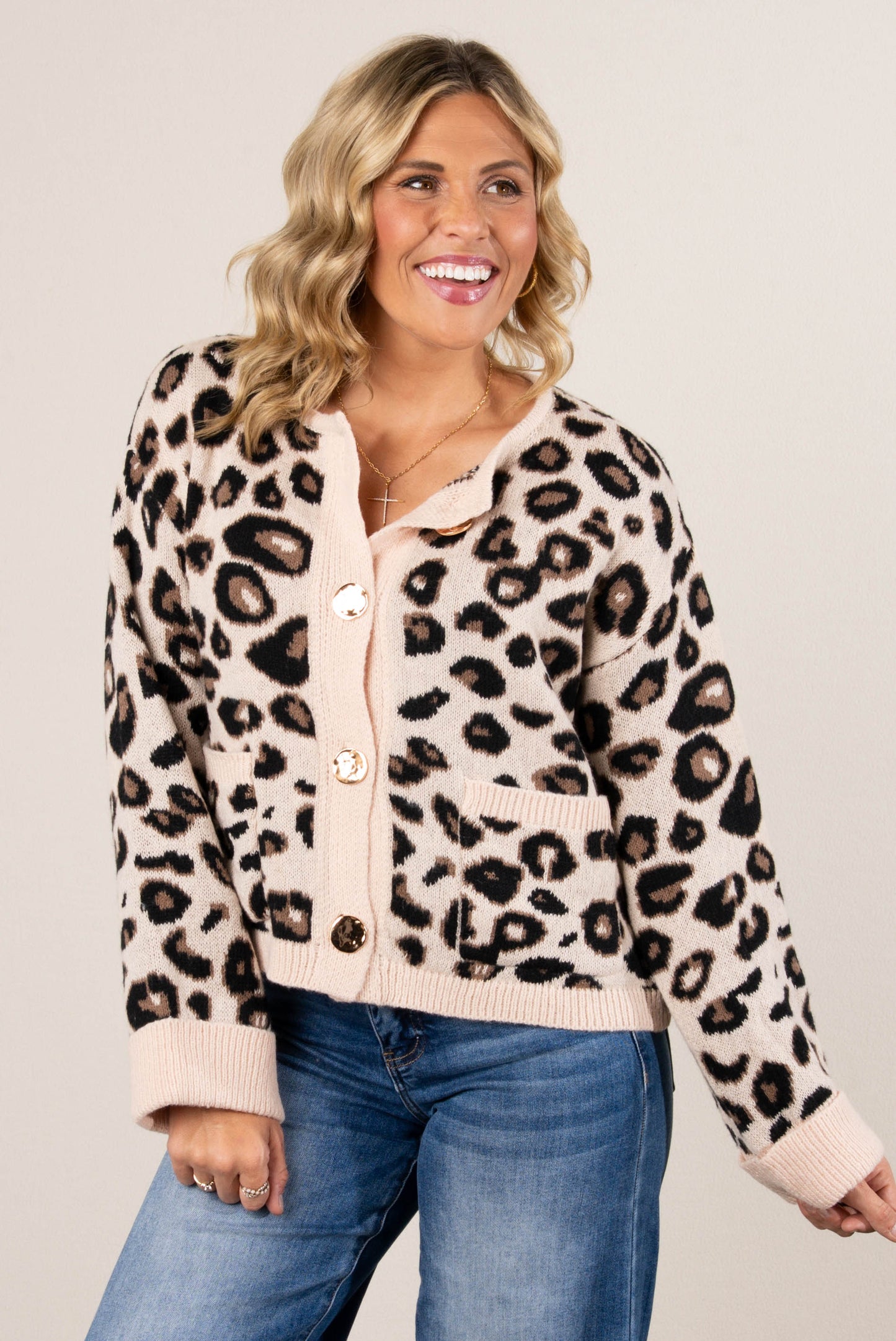 Wild Heart Leopard Gold Button Sweater Cardigan
