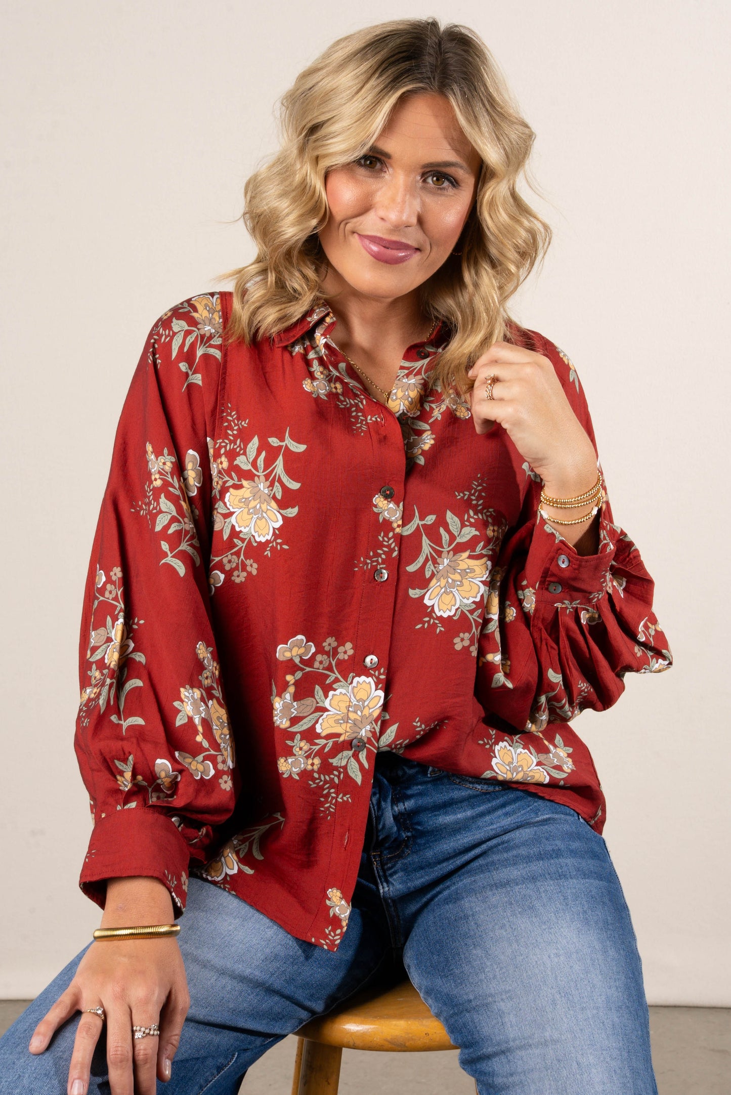 Mockingbird Floral Button Cuff Blouse