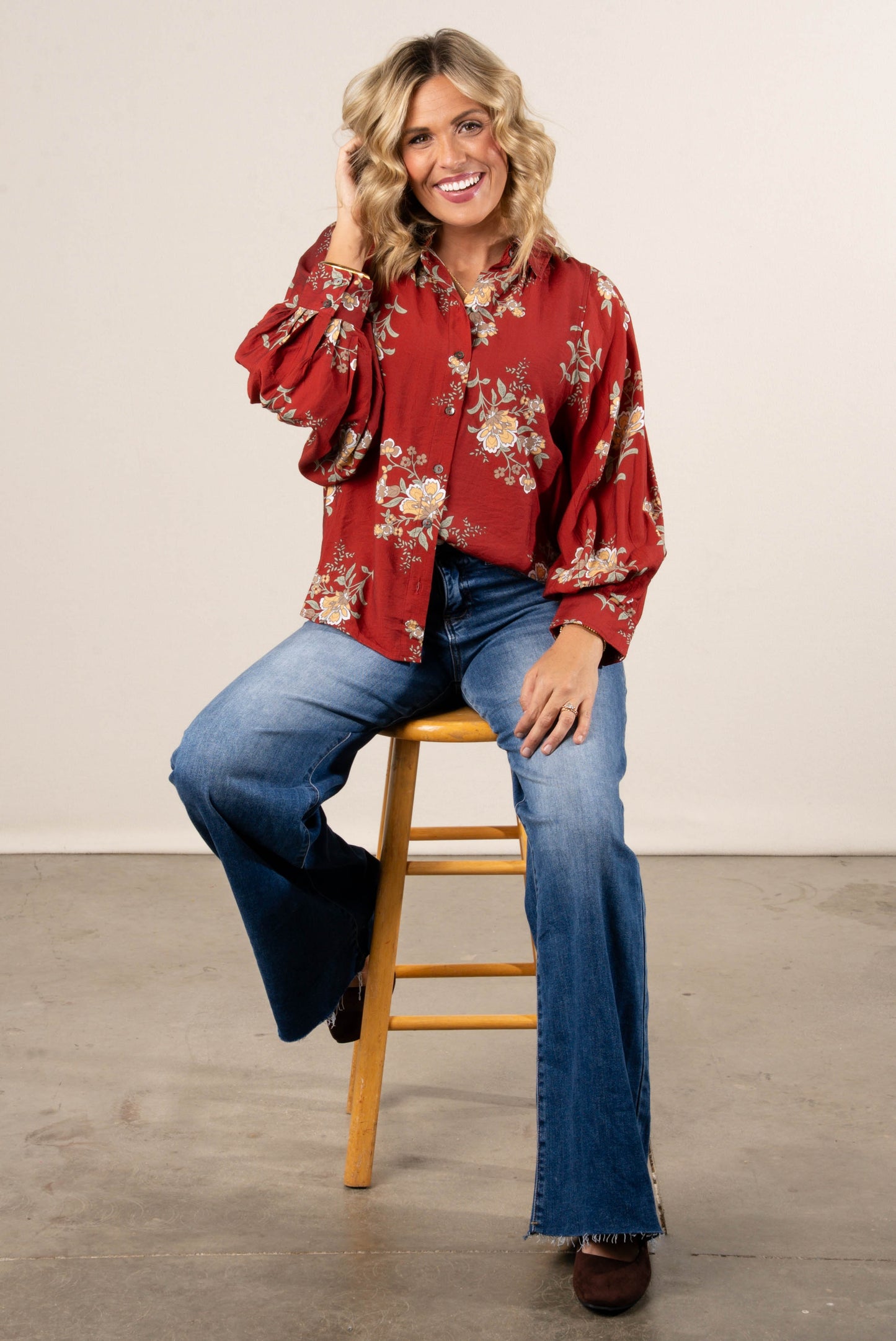 Mockingbird Floral Button Cuff Blouse
