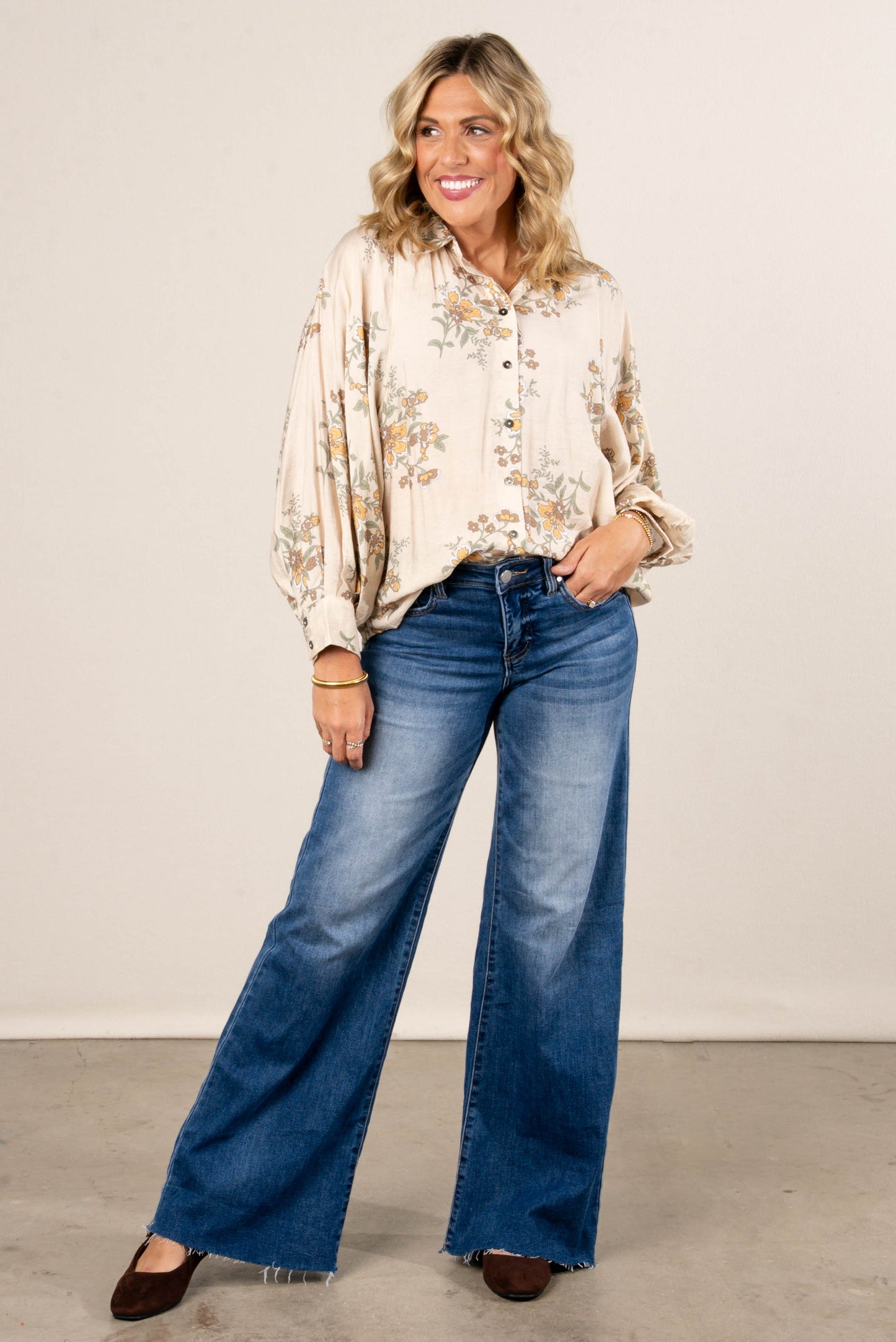 Mockingbird Floral Button Cuff Blouse