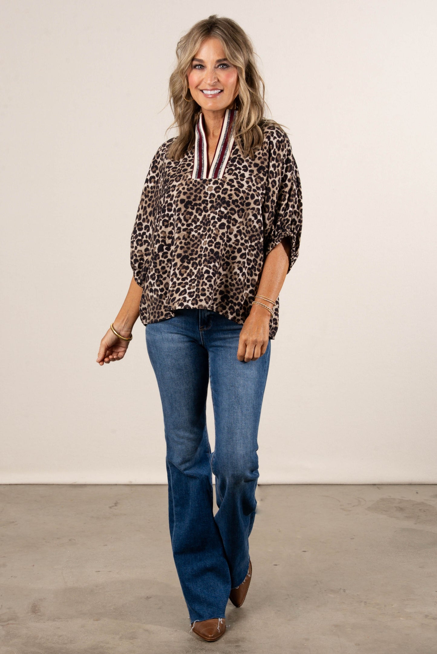 Huntress Leopard Contrast Neck Blouse