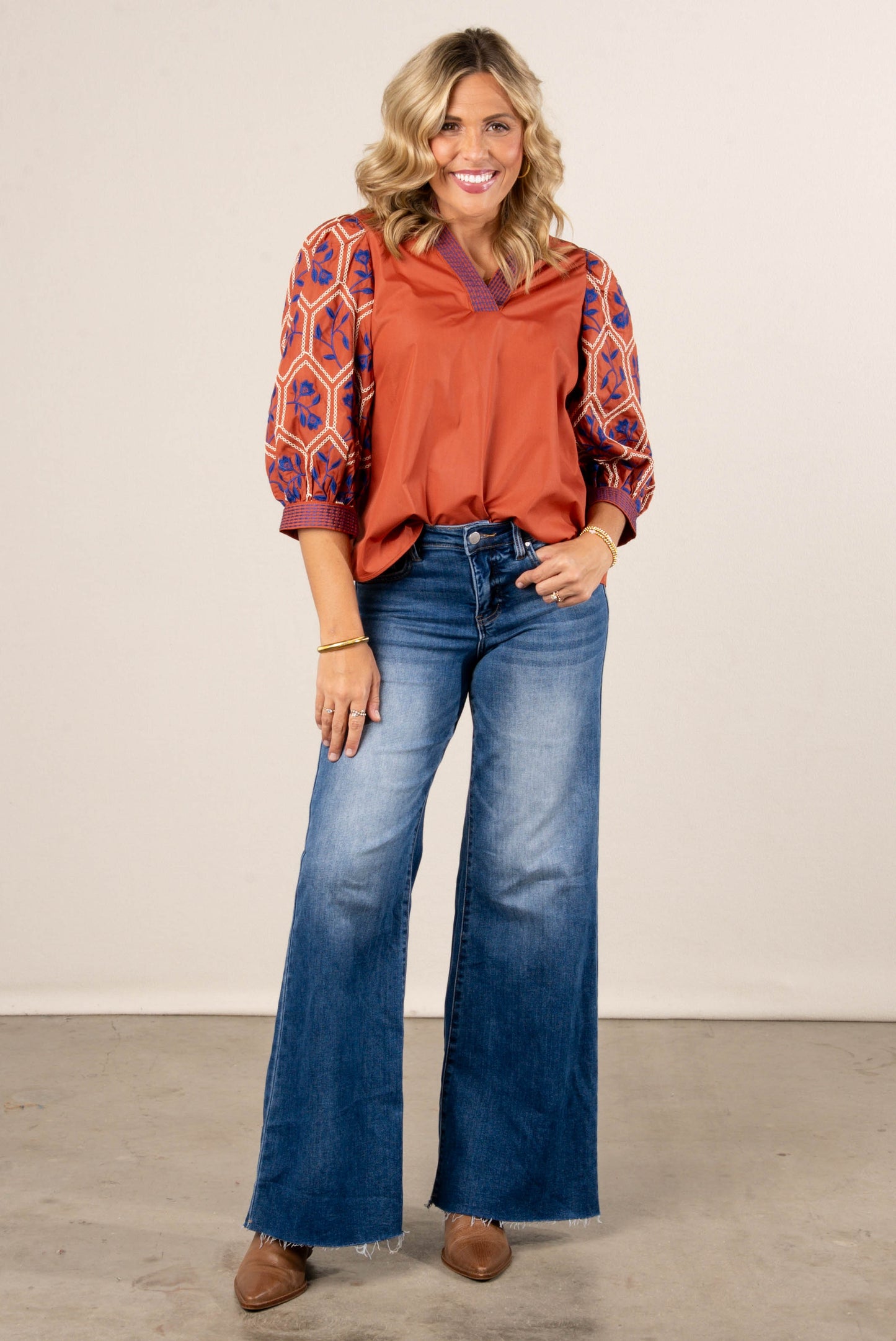 The Poet Embroidered Split Neck Blouse