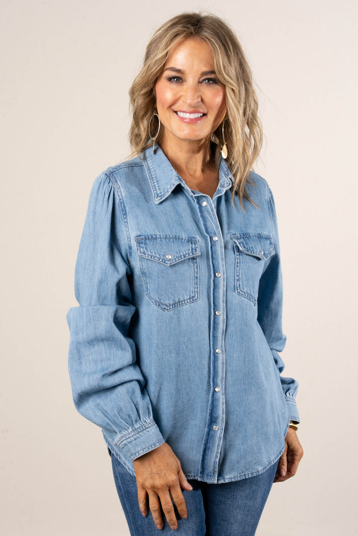 Risen Josie Shirred Shoulder Snap Up Denim Shirt