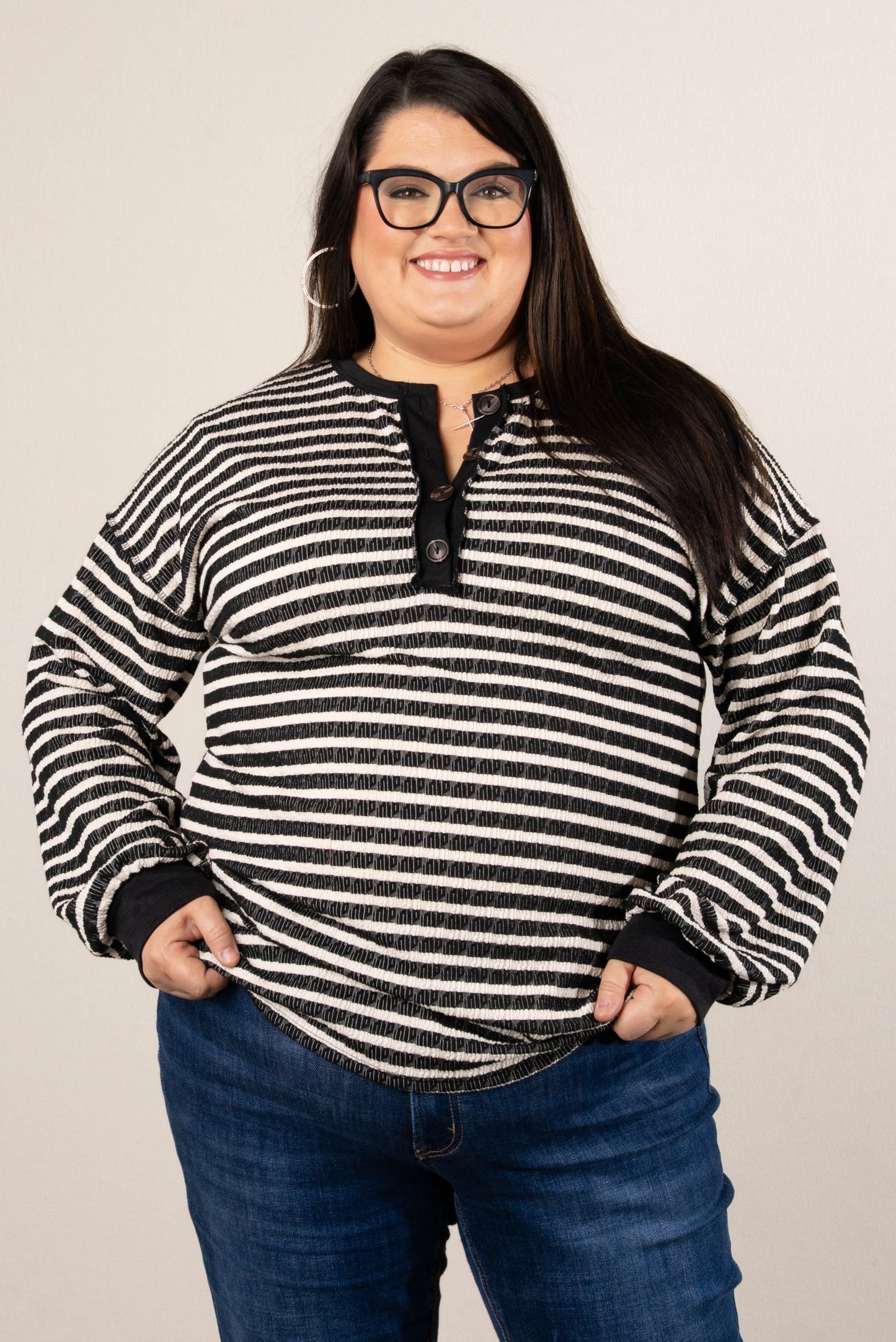 Victoria Striped Jacquard Knit Henley Top
