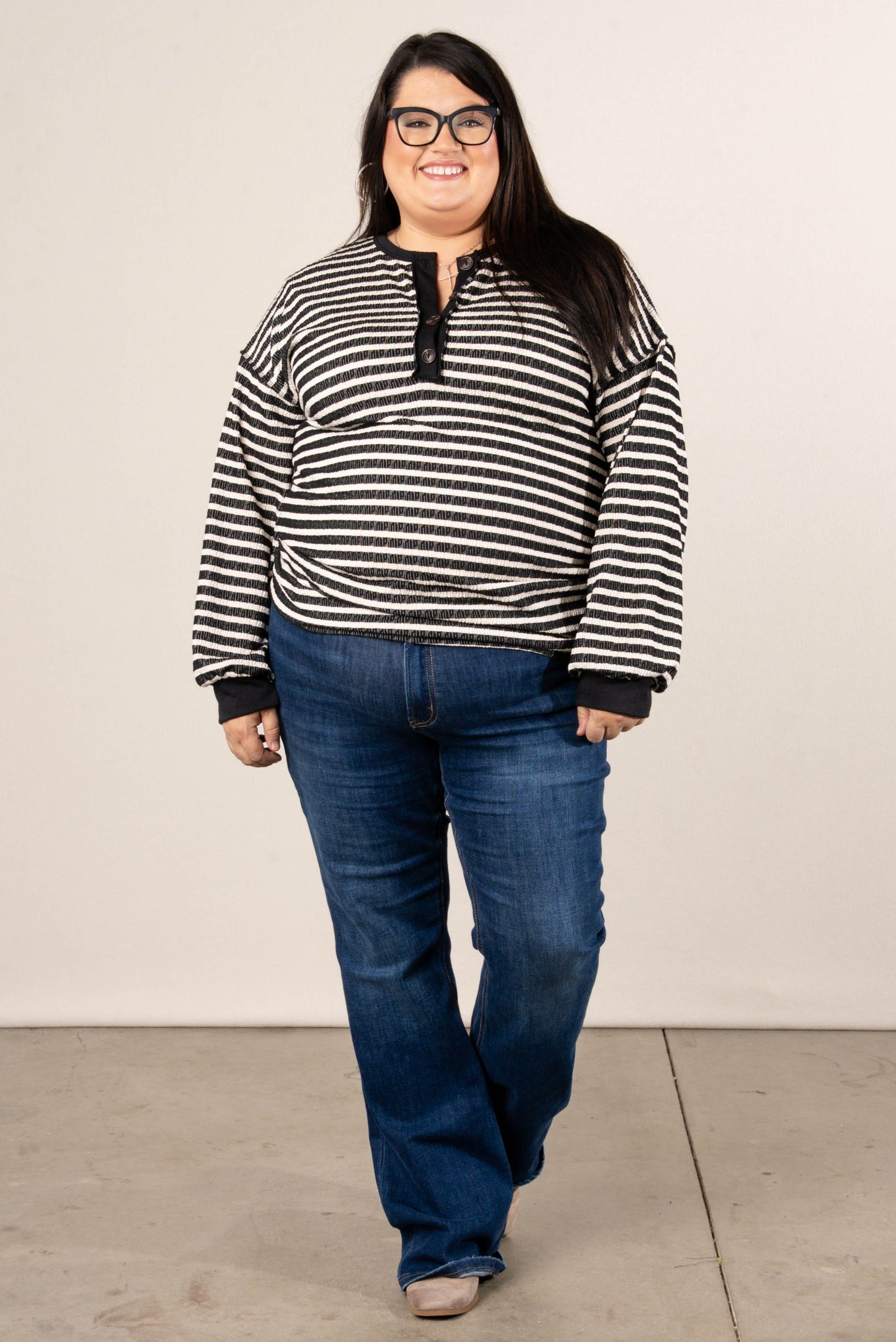 Victoria Striped Jacquard Knit Henley Top