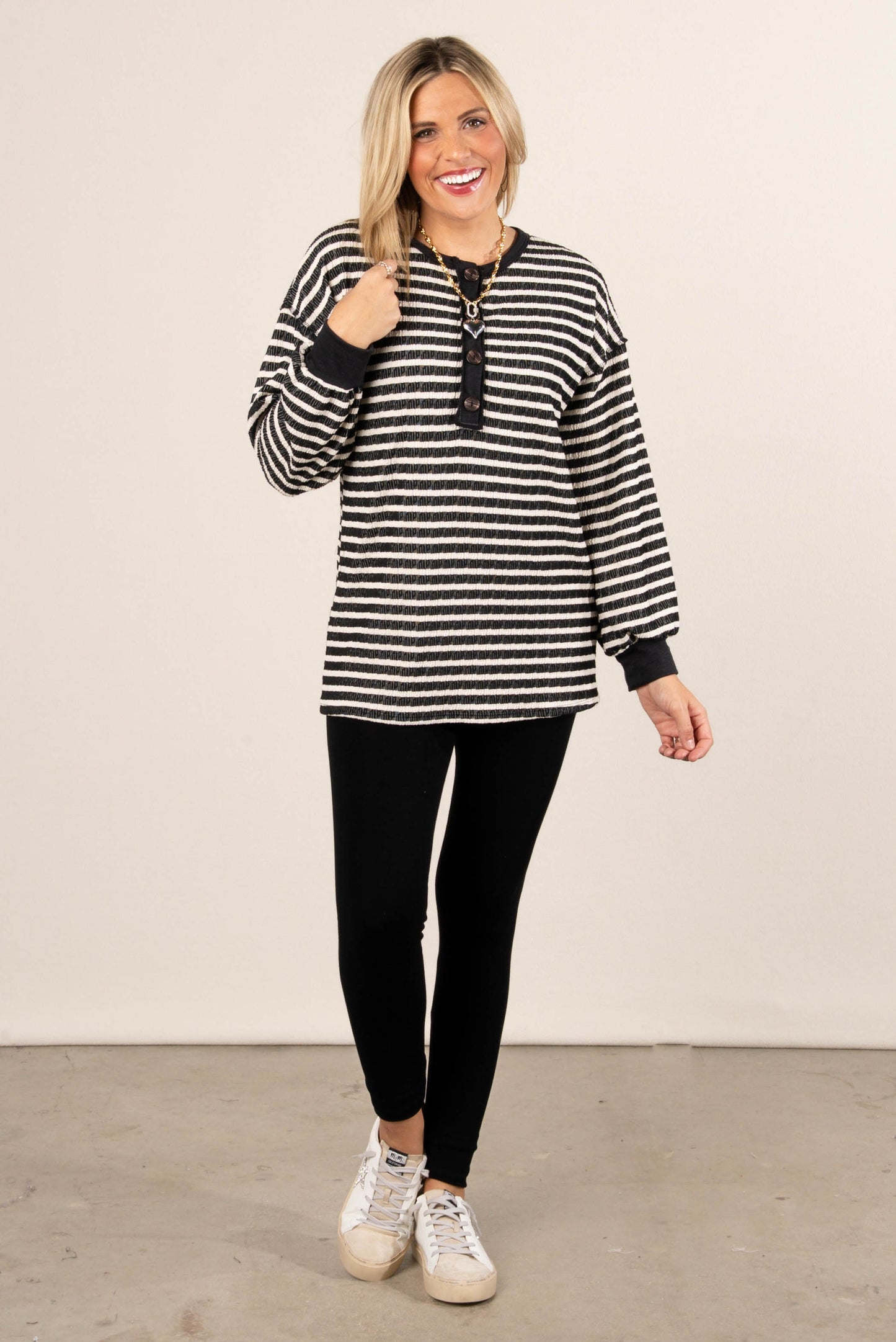 Victoria Striped Jacquard Knit Henley Top