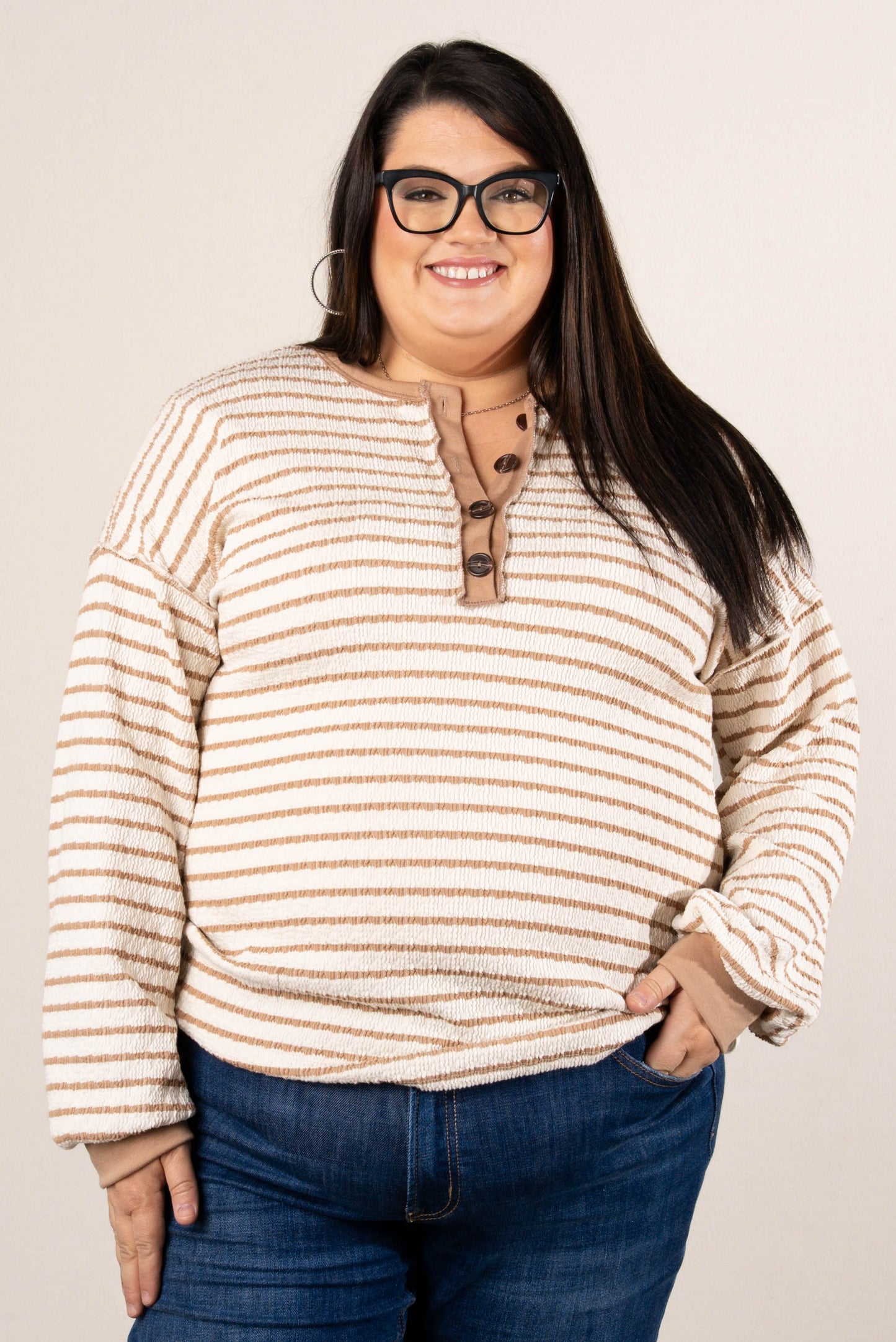 Victoria Striped Jacquard Knit Henley Top