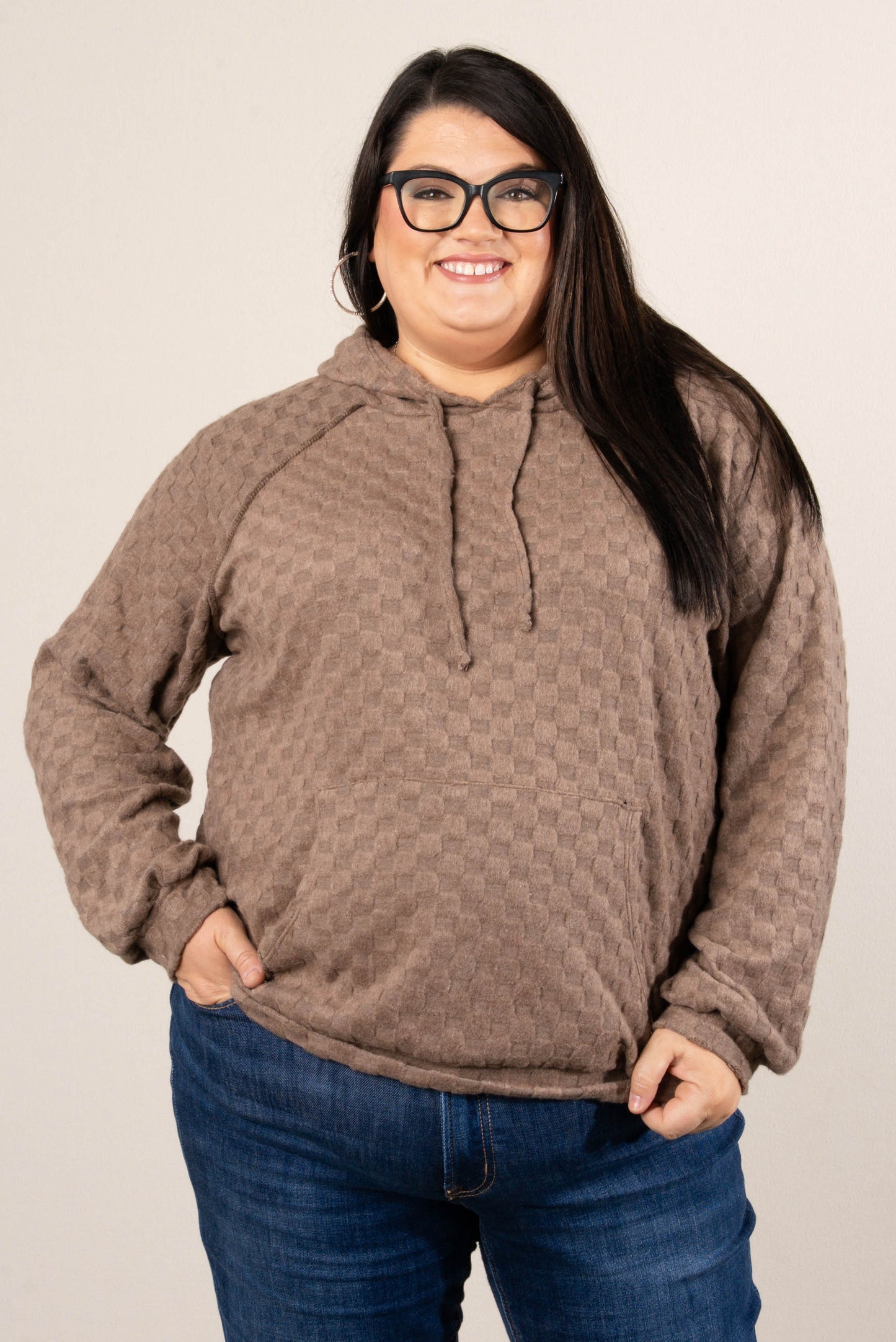 Fall Festival Raised Checkered Knit Hooded Top