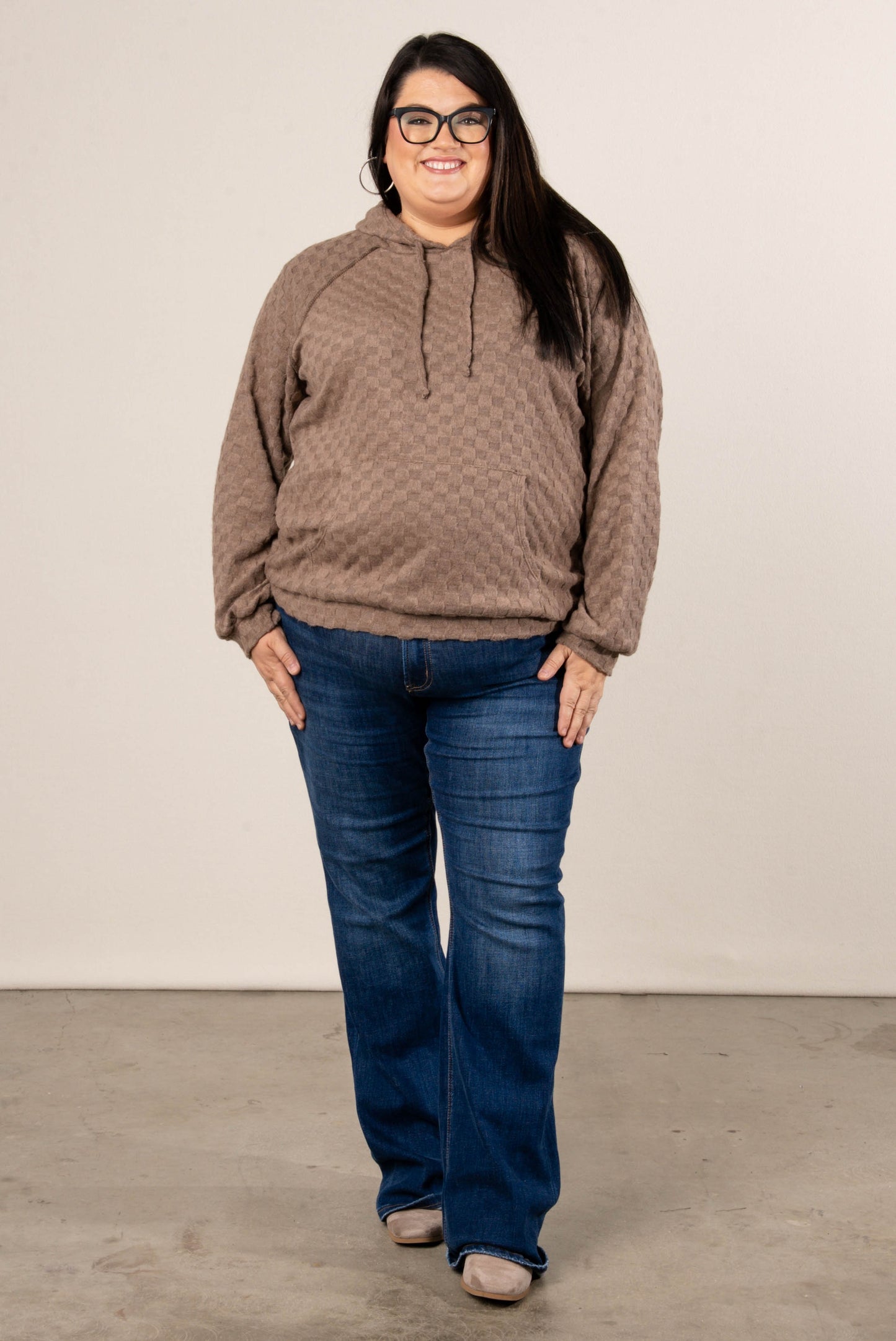 Fall Festival Raised Checkered Knit Hooded Top
