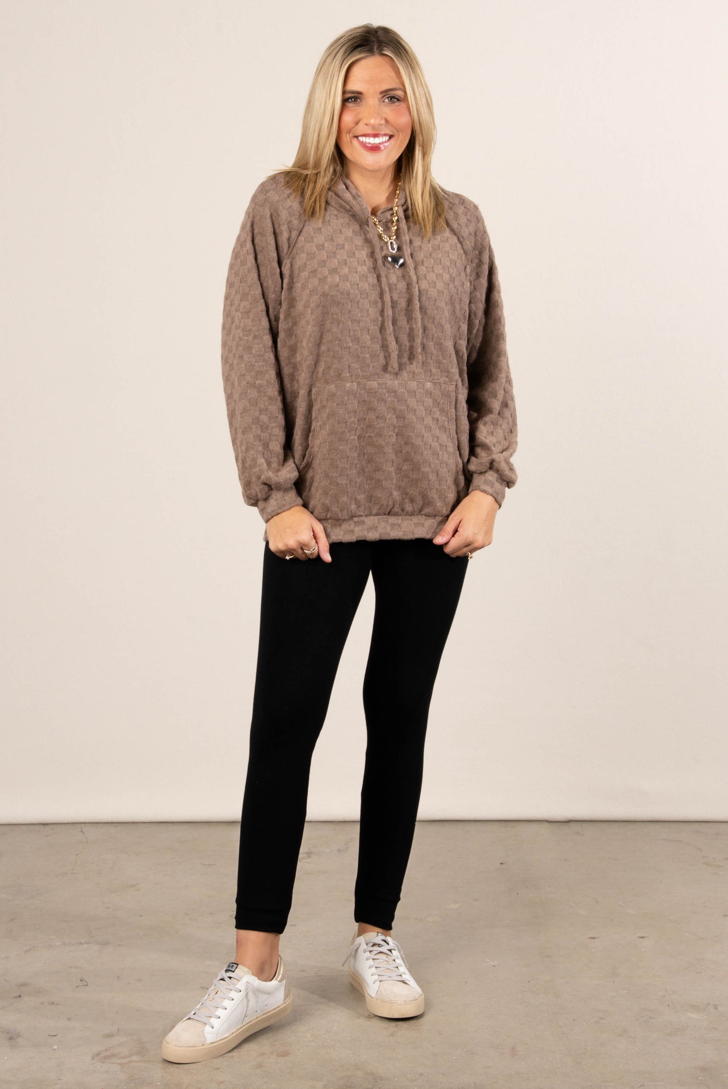 Fall Festival Raised Checkered Knit Hooded Top