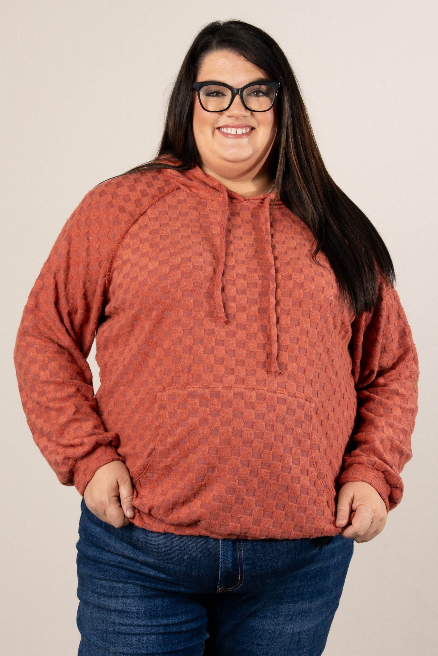 Fall Festival Raised Checkered Knit Hooded Top
