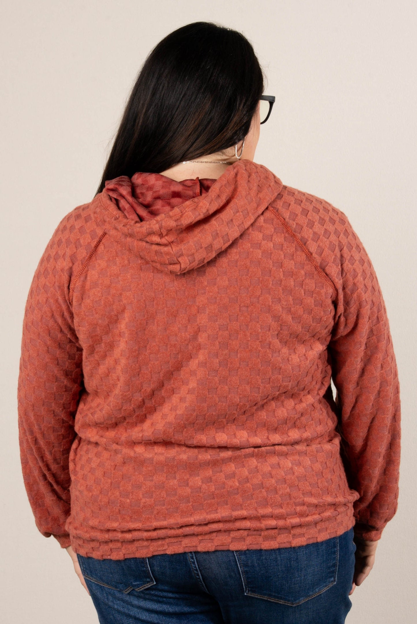 Fall Festival Raised Checkered Knit Hooded Top