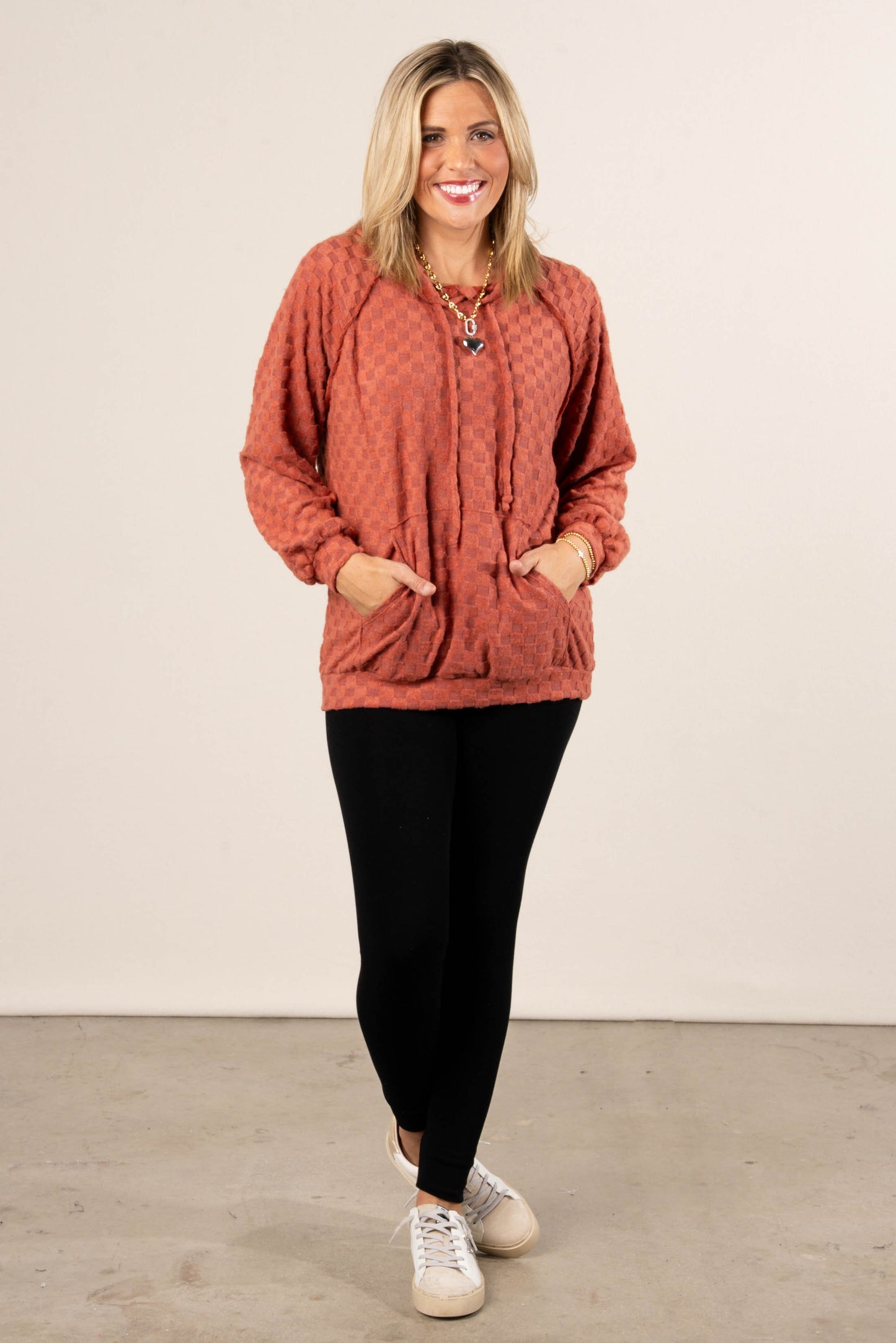 Fall Festival Raised Checkered Knit Hooded Top