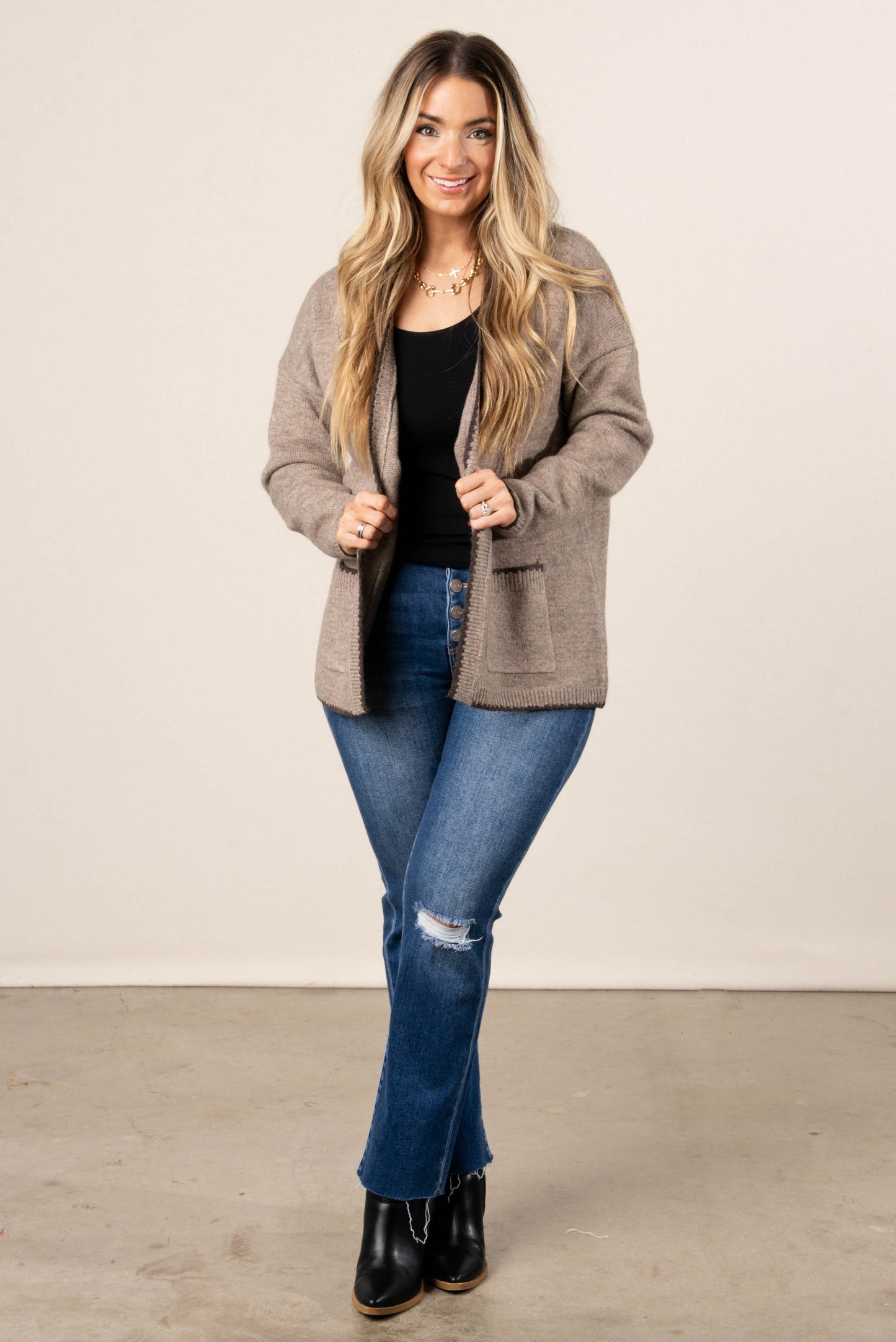 Paloma Contrast Stitch Open Front Cardigan