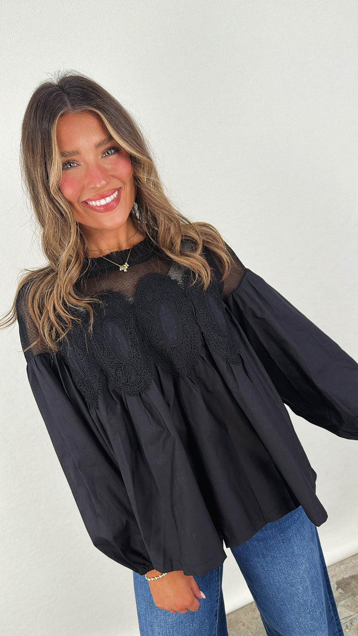 Alena Lace Applique Pleat Neck Blouse