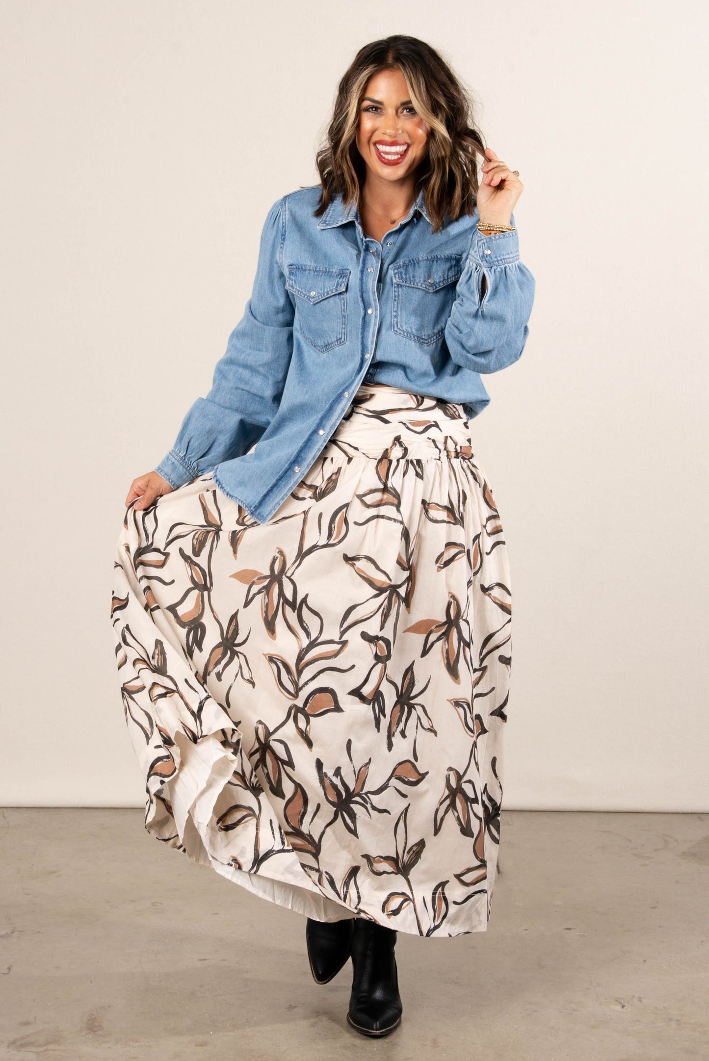 Trinity Floral Shirred Midi Skirt