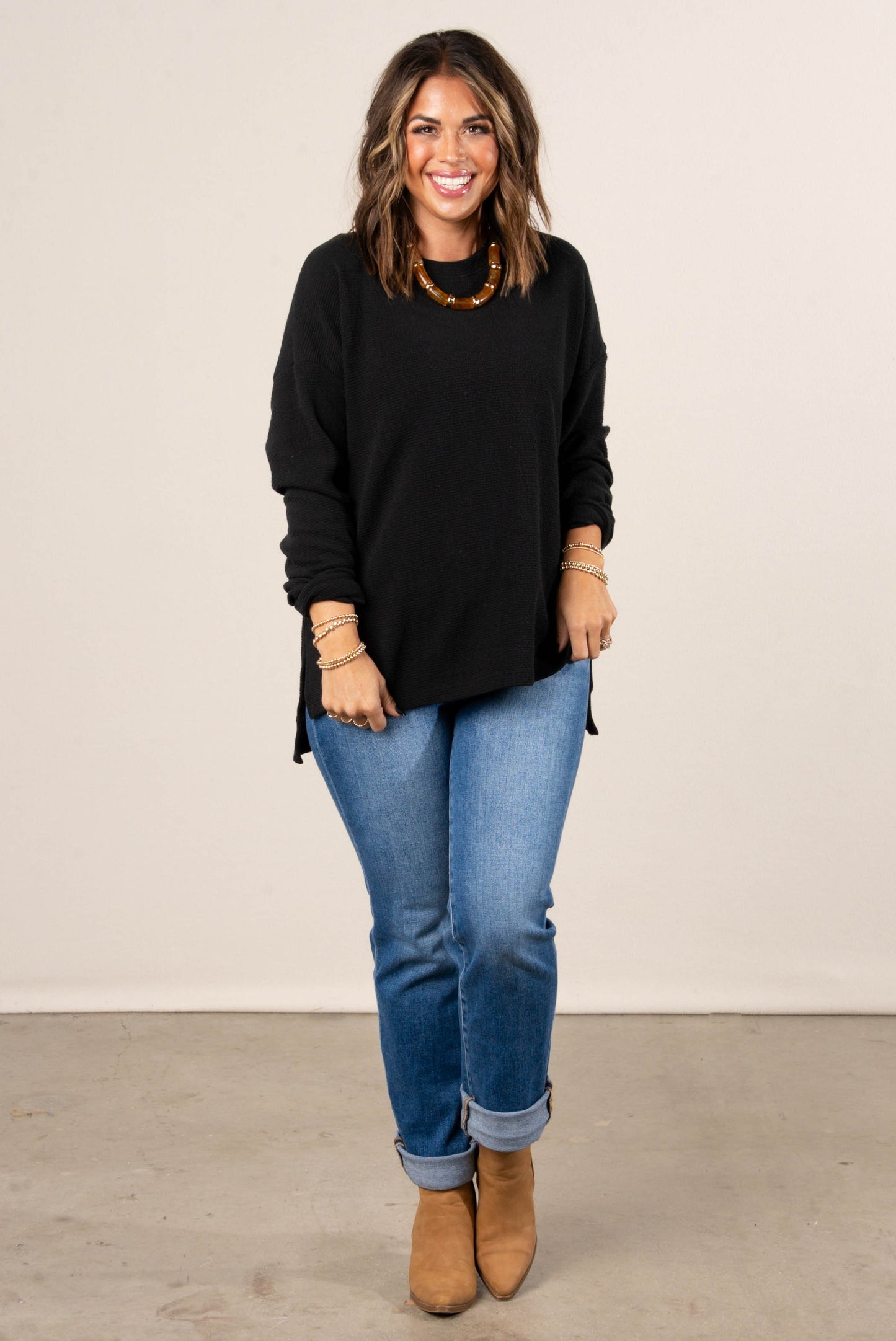 Manchester Textured Knit Hi-Lo Split Hem Top