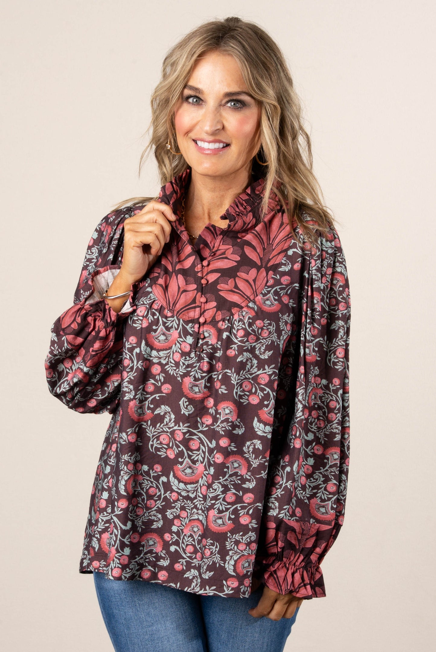 Miriam Mixed Floral Frill Neck Blouse