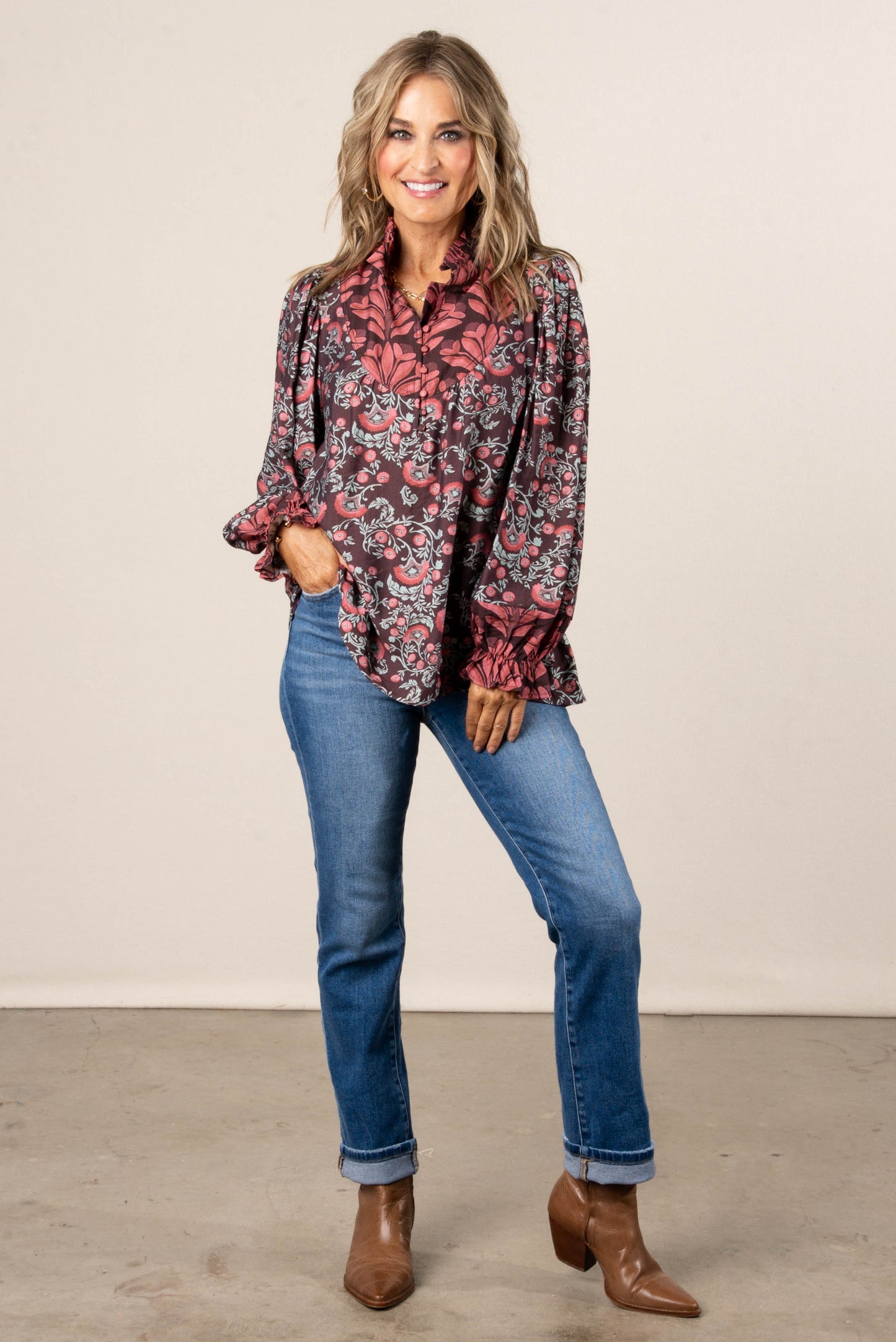 Miriam Mixed Floral Frill Neck Blouse
