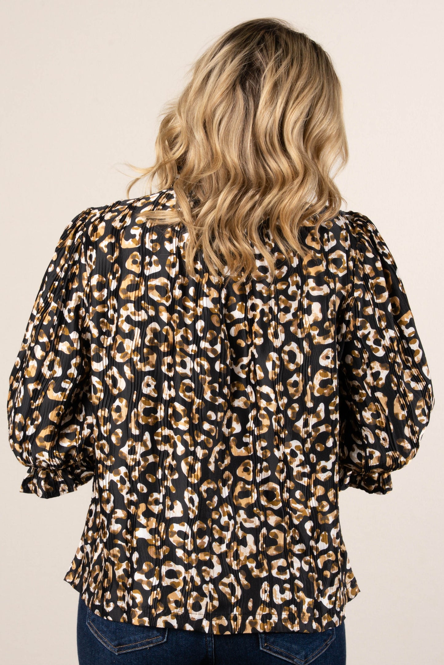 Jovie Leopard Pleated Smocked Neck Blouse