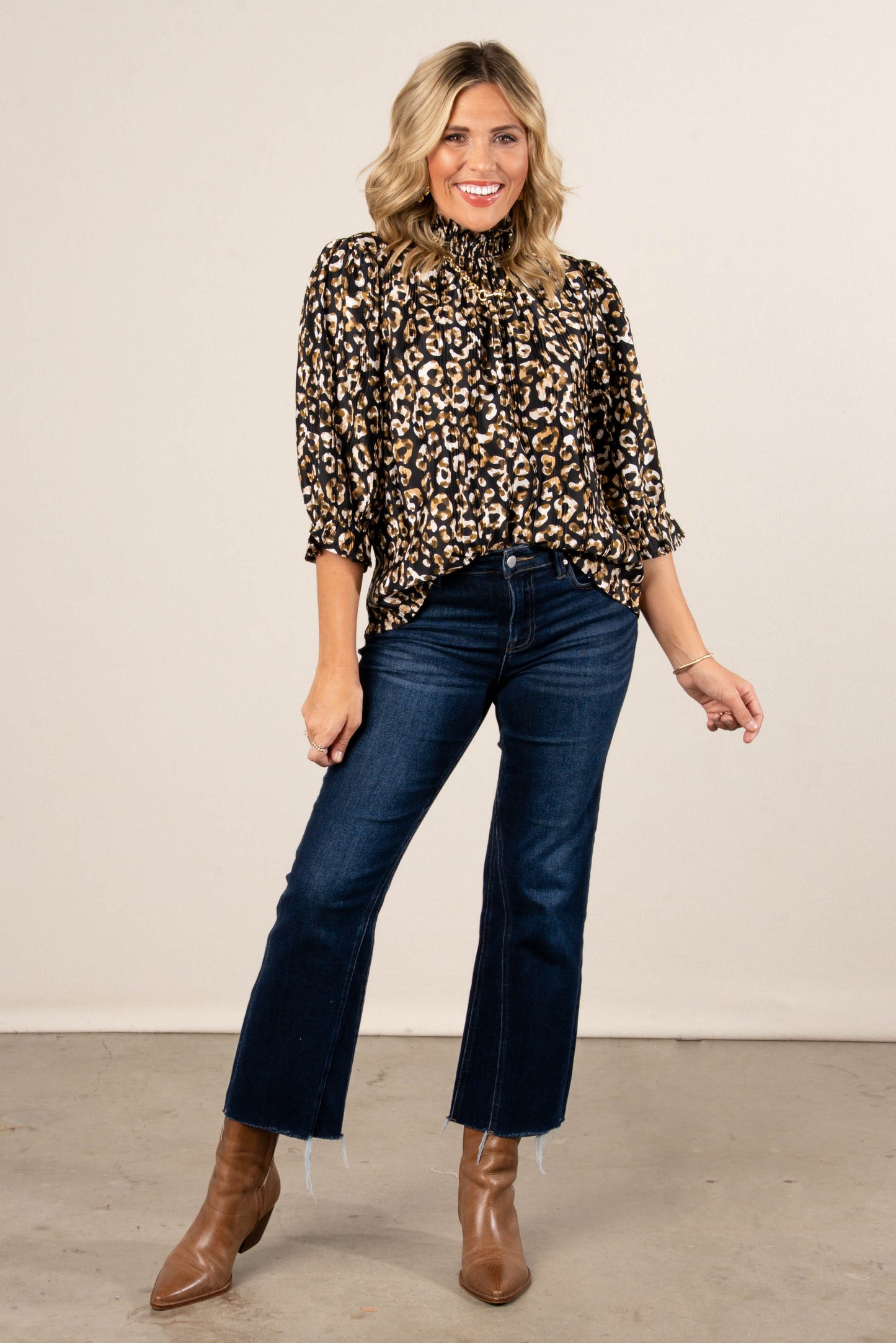 Jovie Leopard Pleated Smocked Neck Blouse