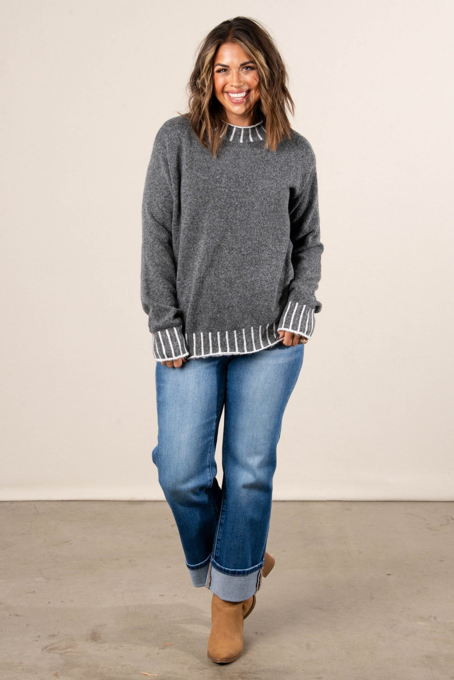 Dovie Contrast Stitch Mock Neck Sweater