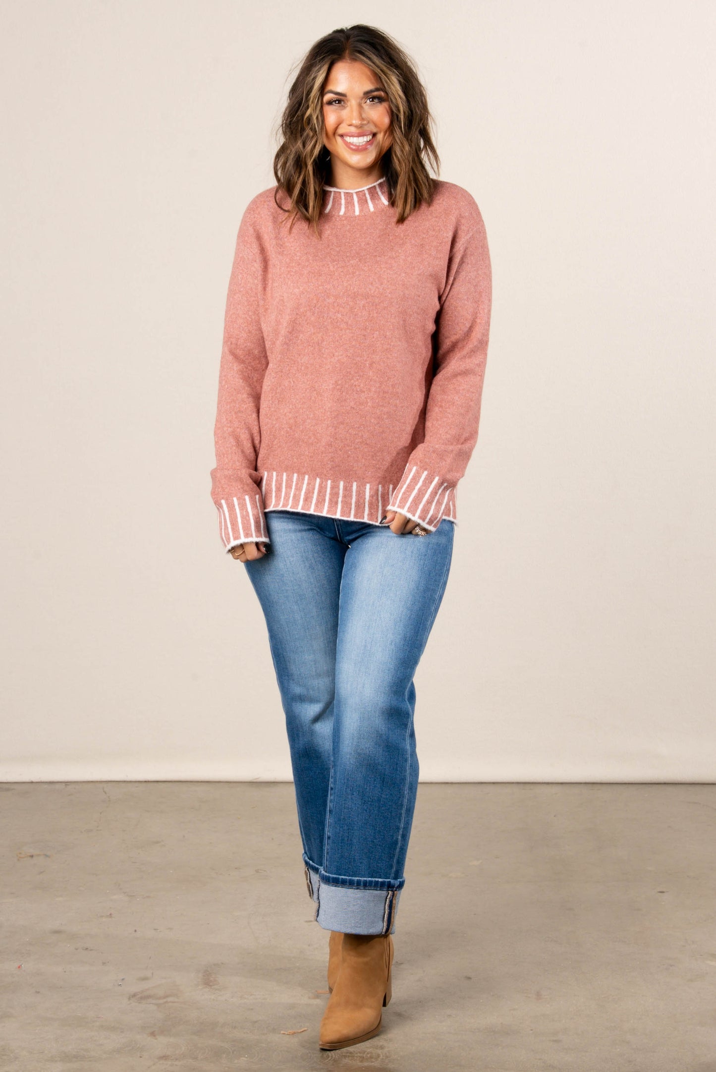 Dovie Contrast Stitch Mock Neck Sweater