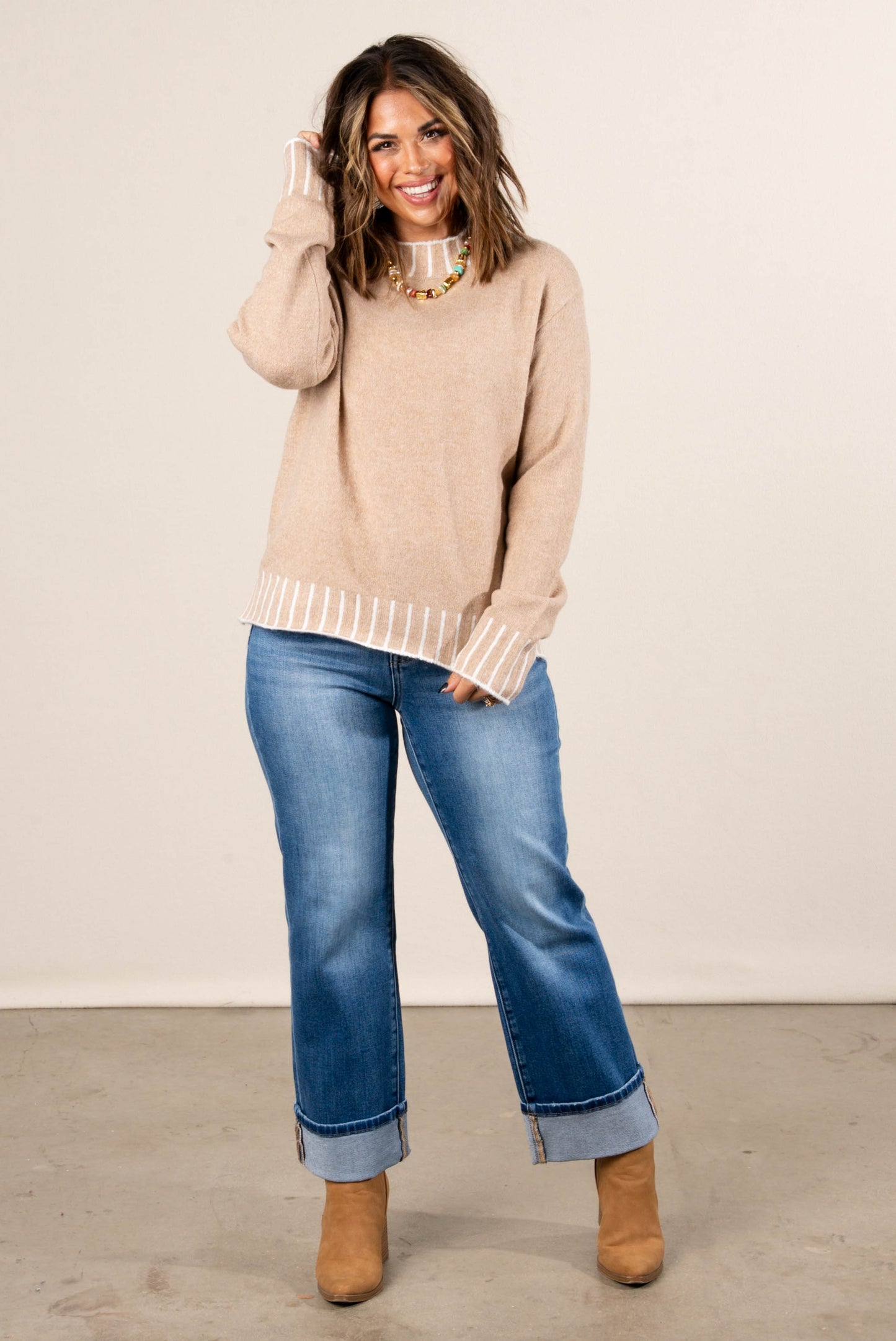 Dovie Contrast Stitch Mock Neck Sweater