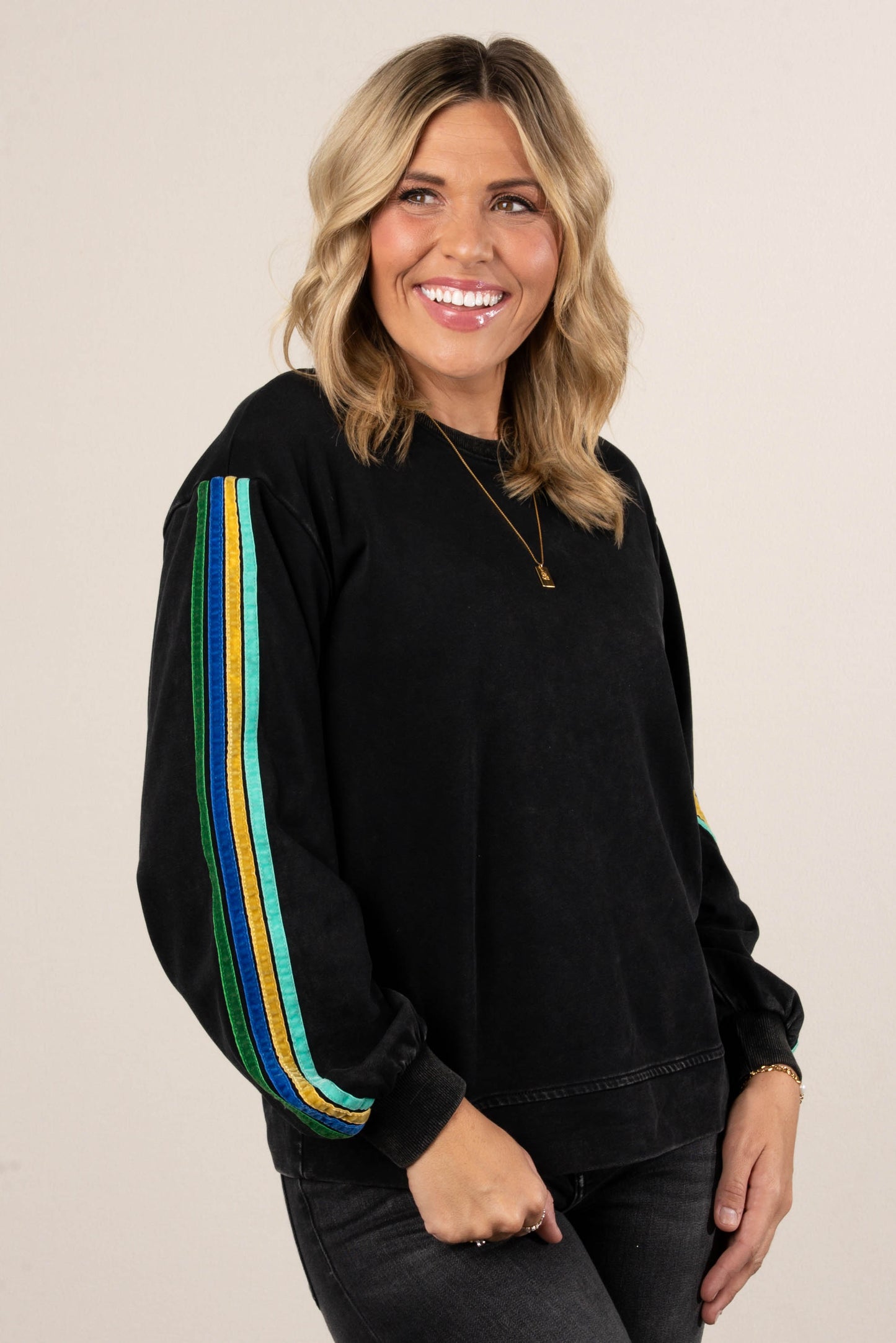 City Stroll Velvet Striped Sleeve Pullover
