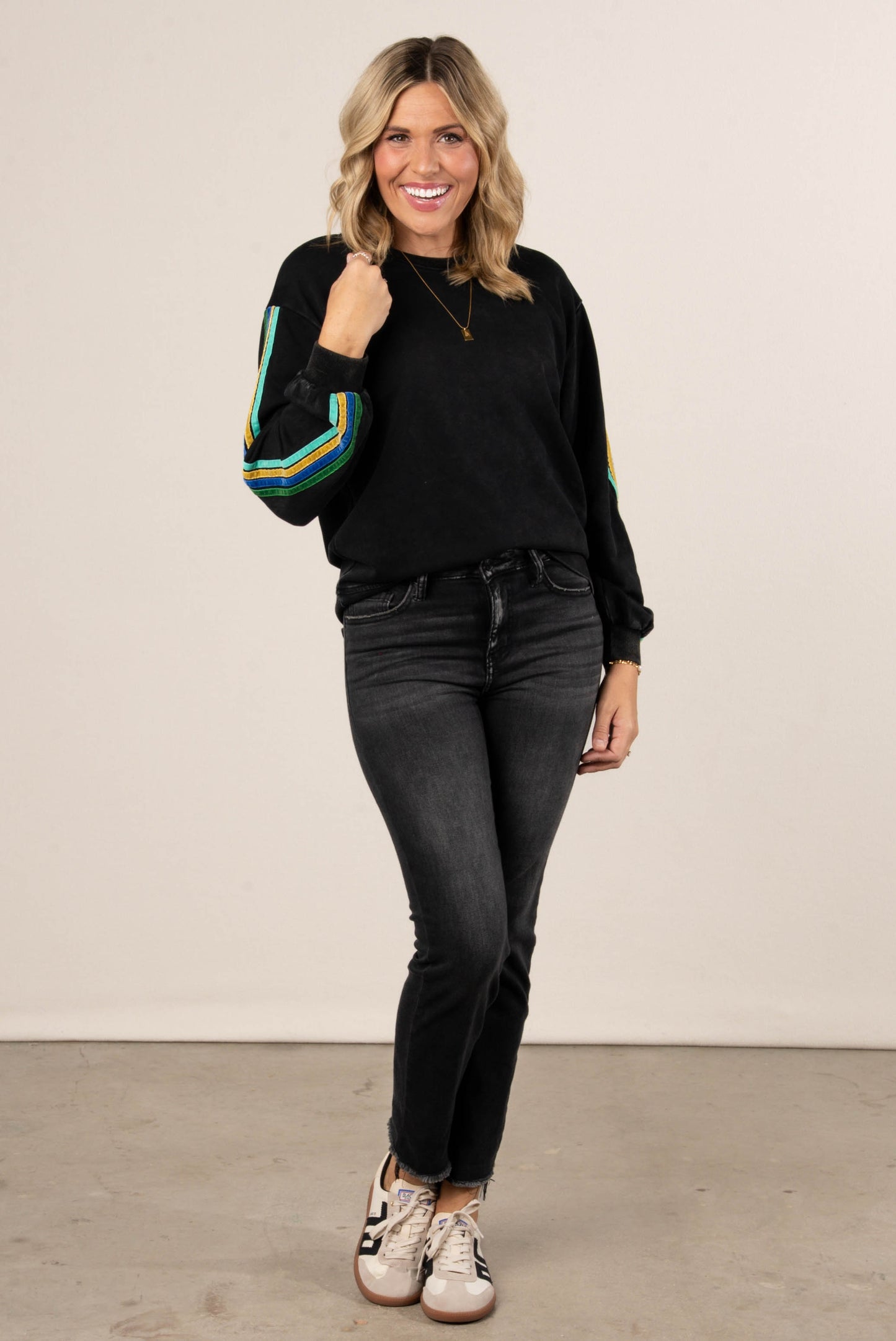 City Stroll Velvet Striped Sleeve Pullover