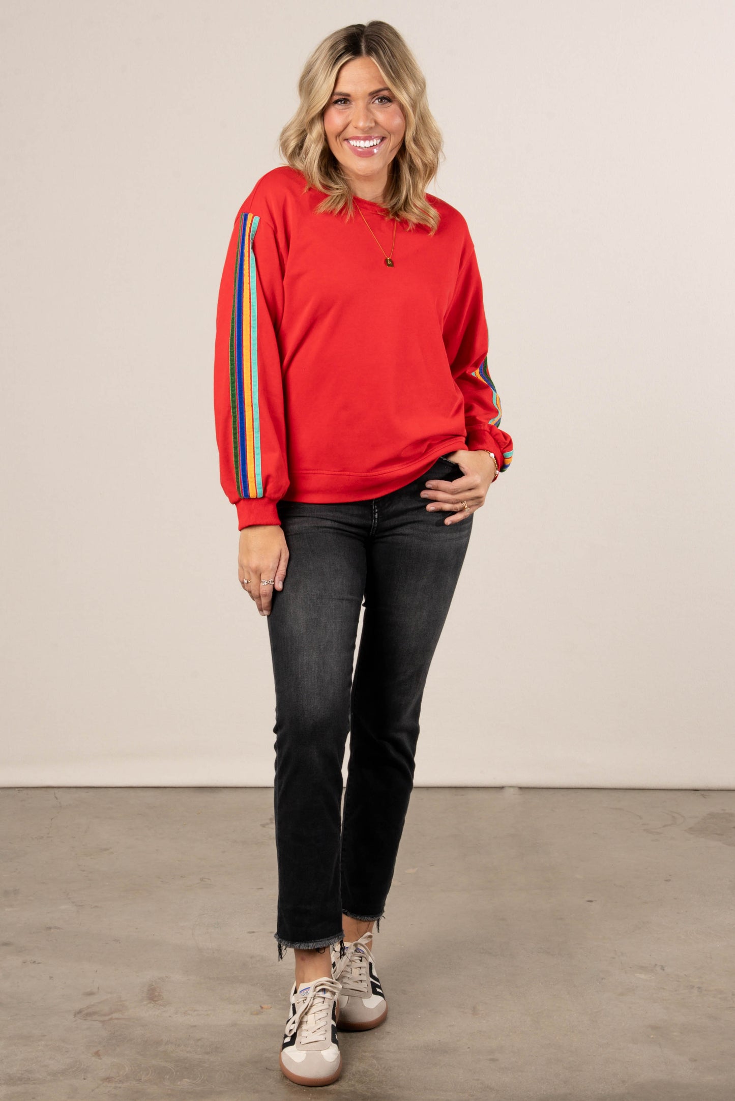 City Stroll Velvet Striped Sleeve Pullover